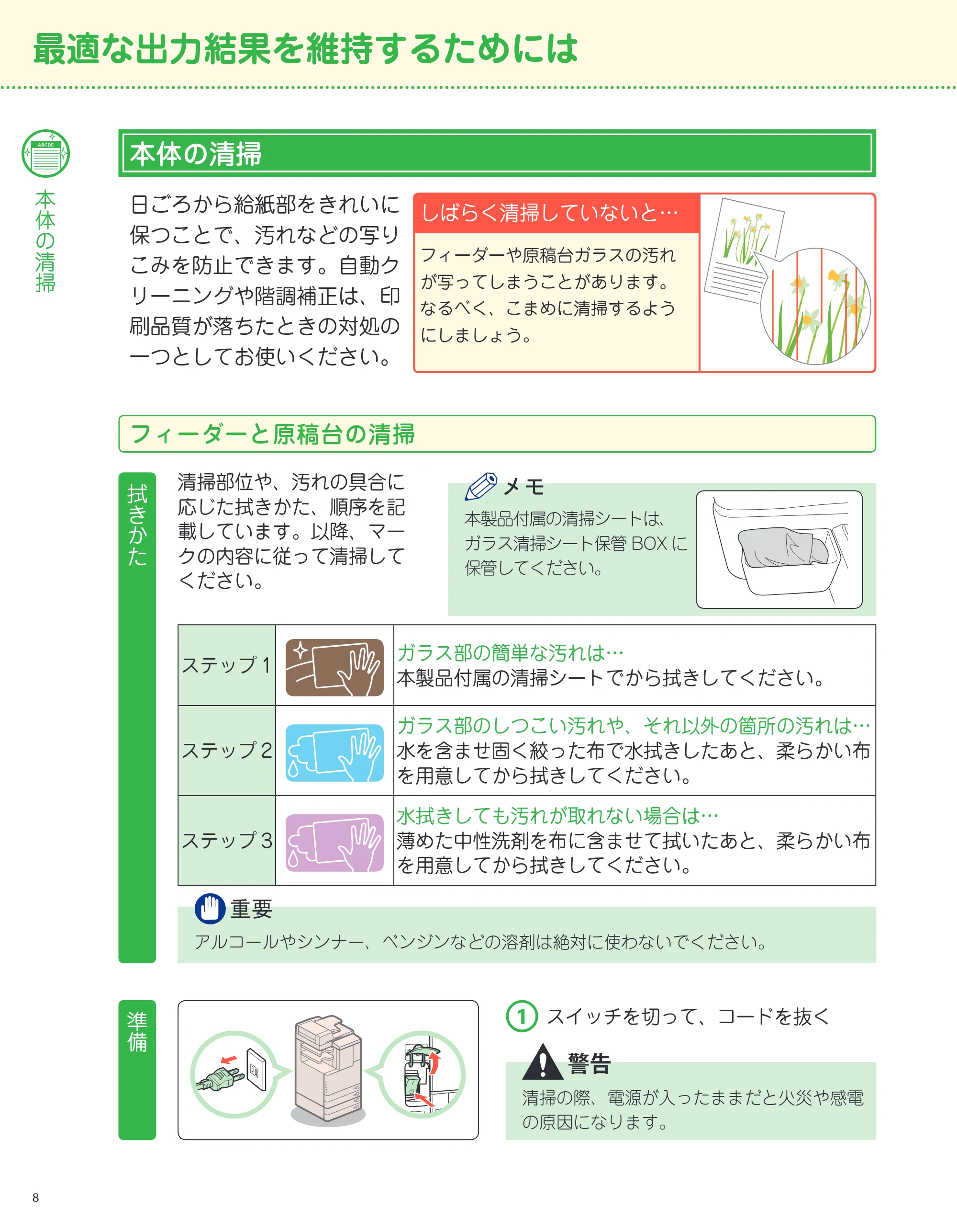 キヤノン imageRUNNER-ADVANCE C2218F-V サポートガイド 2015年1月22日更新（13.4MB）（PDF：13.4MB） — 最適な出力結果を維持するためには — 原本ページ — 8ページ