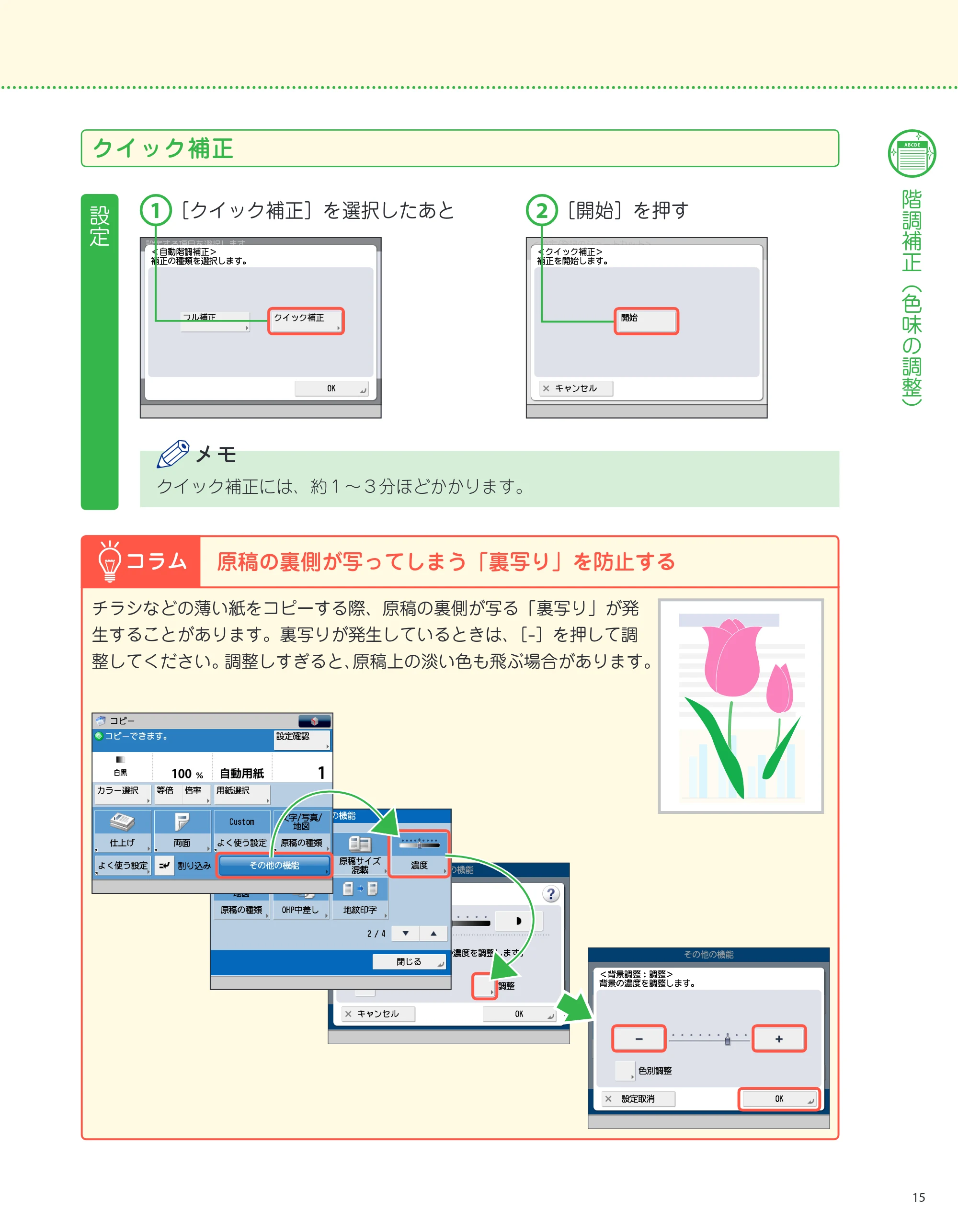 キヤノン imageRUNNER-ADVANCE C2218F-V サポートガイド 2015年1月22日更新（13.4MB）（PDF：13.4MB） — クイック補正 — 原本ページ — 15ページ