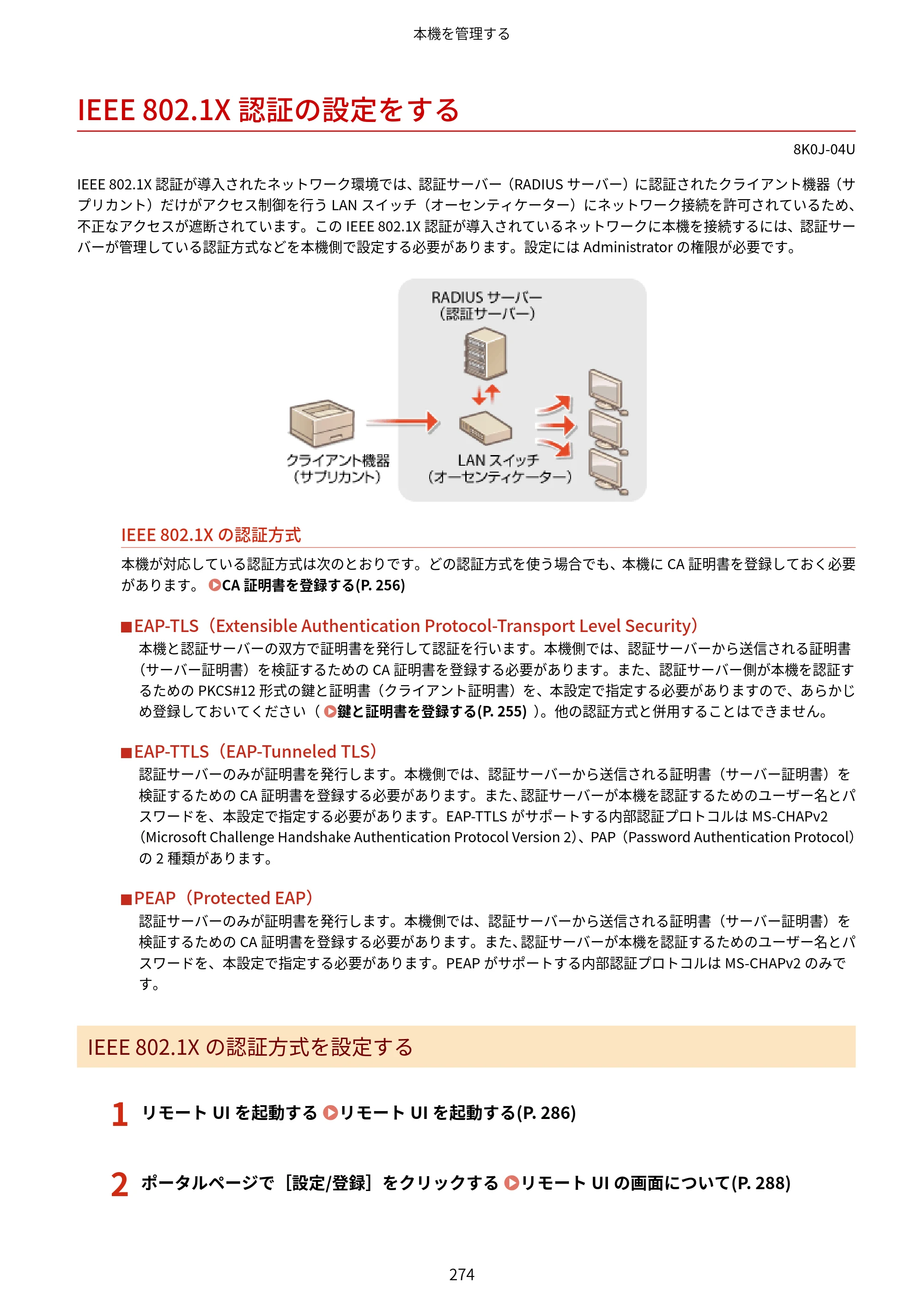 キヤノン LBP362i・LBP361i ユーザーズガイド 2026年6月25日更新（PDF：3.77MB） — IEEE 802.1X認証の設定をする — 原本ページ — 282ページ