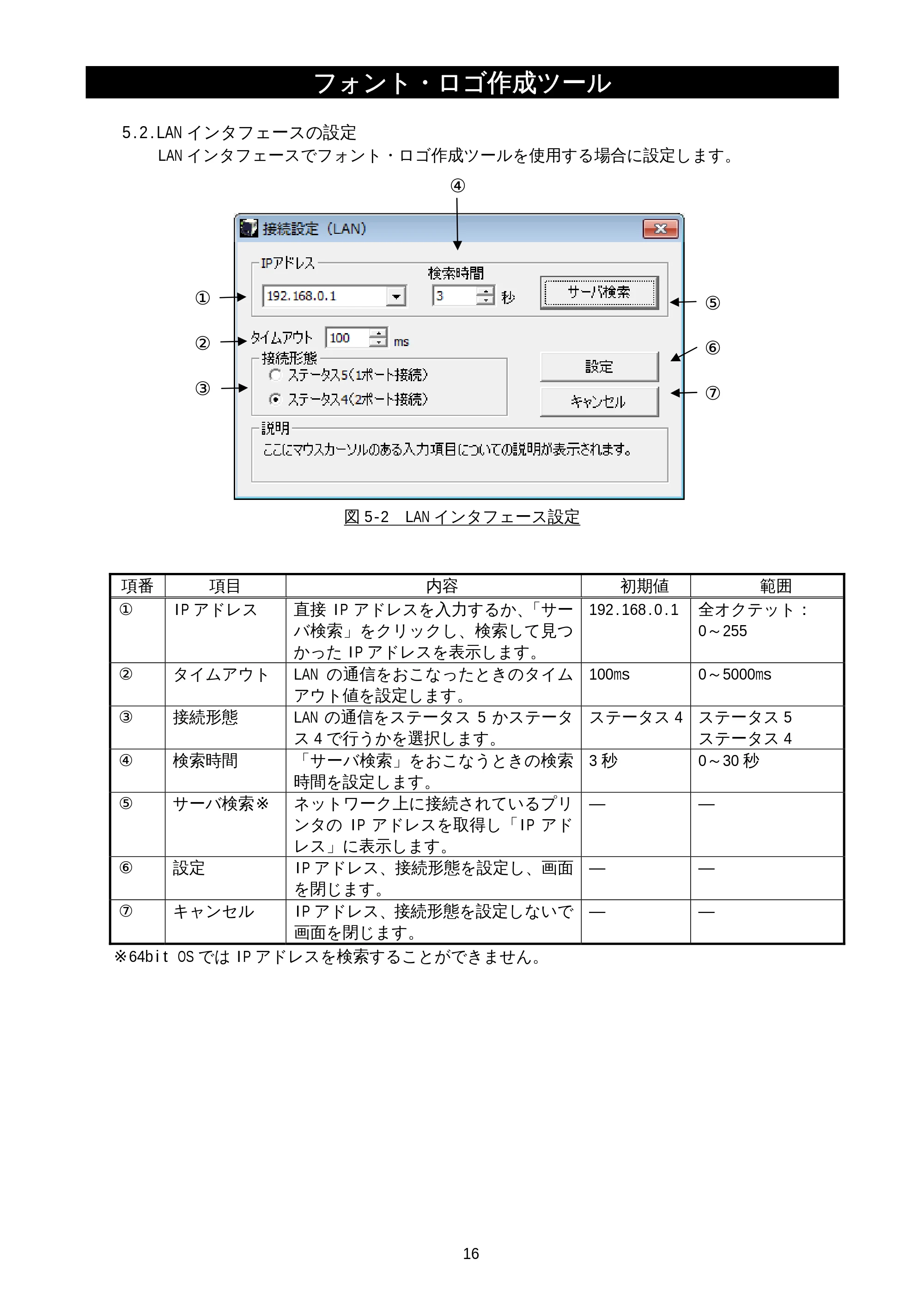 サトー M-48Pro8 / 12 / 24 フォント・ロゴ 作成ツール説明書（初版） — 5.2.LAN インタフェースの設定 — 原本ページ — 18ページ