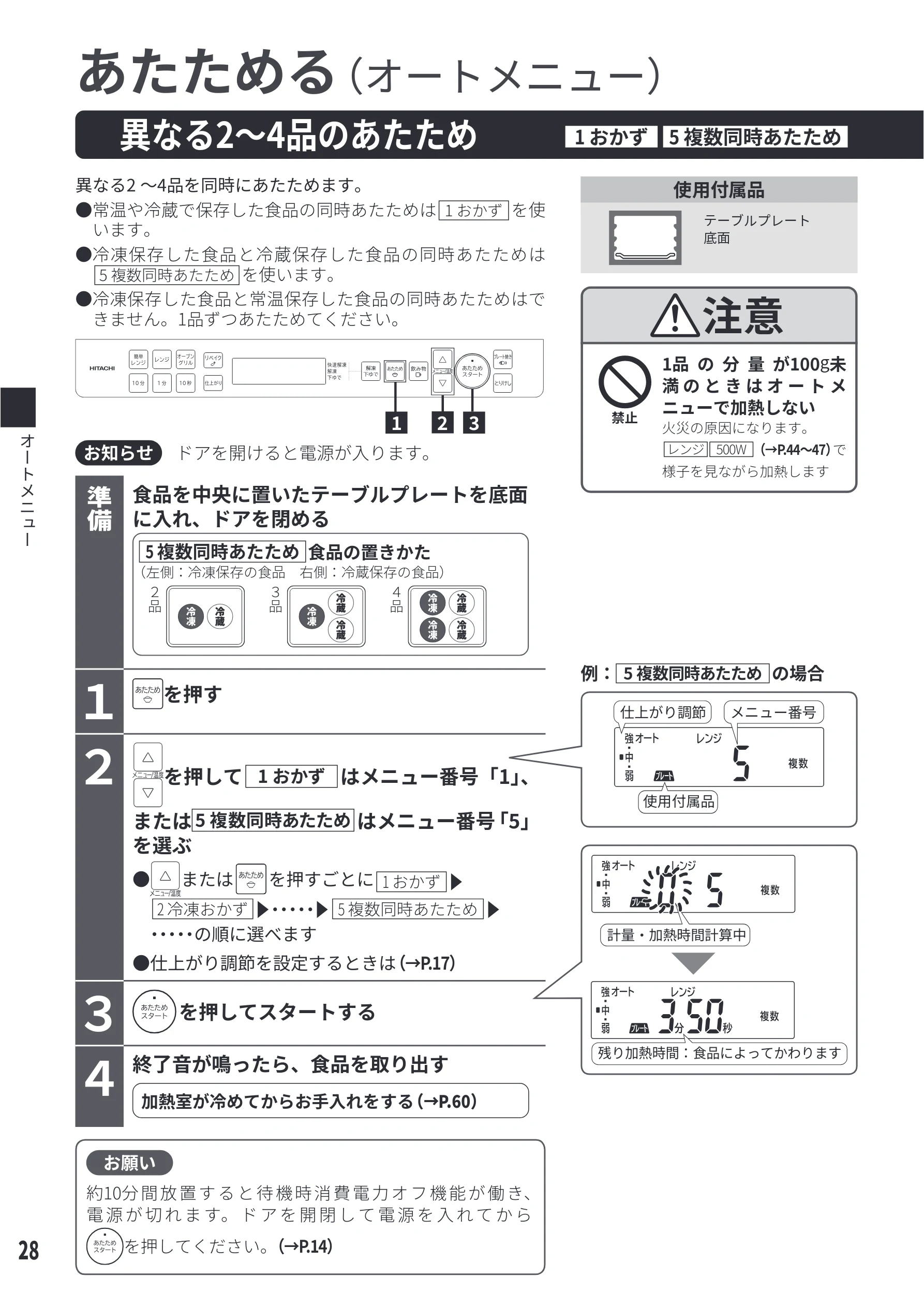 日立 MRO-S8E 取扱説明書 — 異なる２～4品のあたため[1 おかず][5 複数同時あたため] — 図版 28-1 — 28ページ