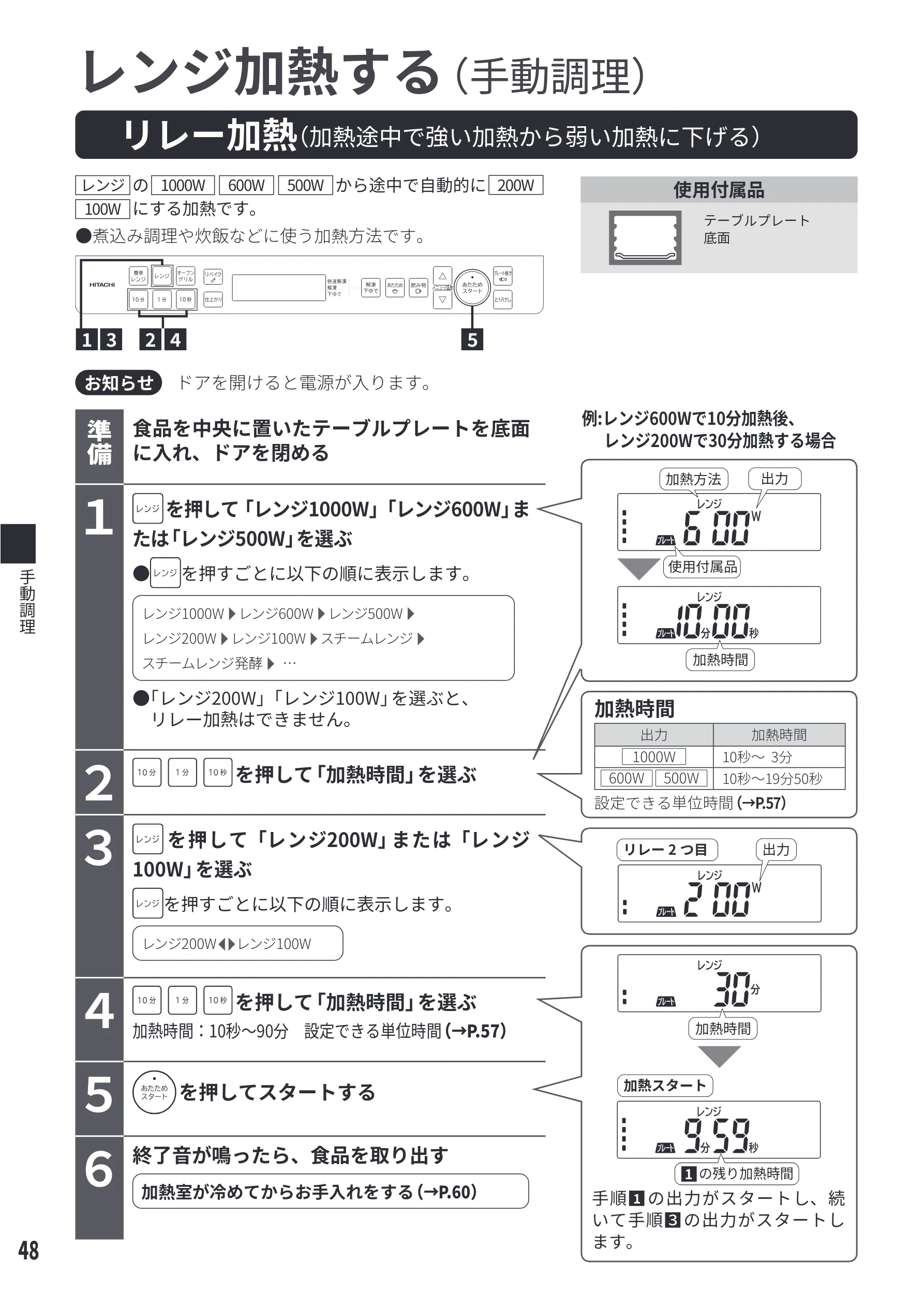 日立 MRO-S8E 取扱説明書 — リレー加熱(加熱途中で強い加熱から弱い加熱に下げる) — 図版 48-1 — 48ページ
