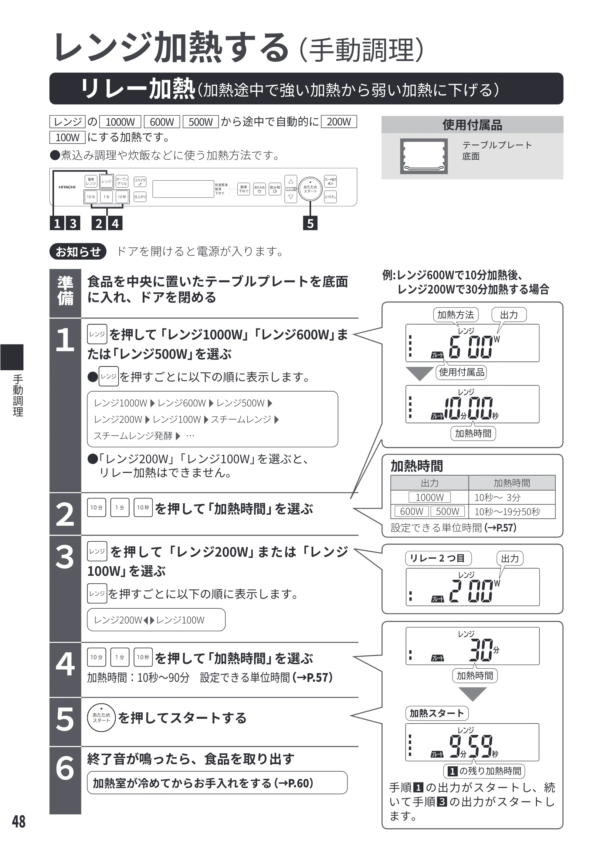 日立 MRO-S8E 取扱説明書 — リレー加熱(加熱途中で強い加熱から弱い加熱に下げる) — 原本ページ — 48ページ