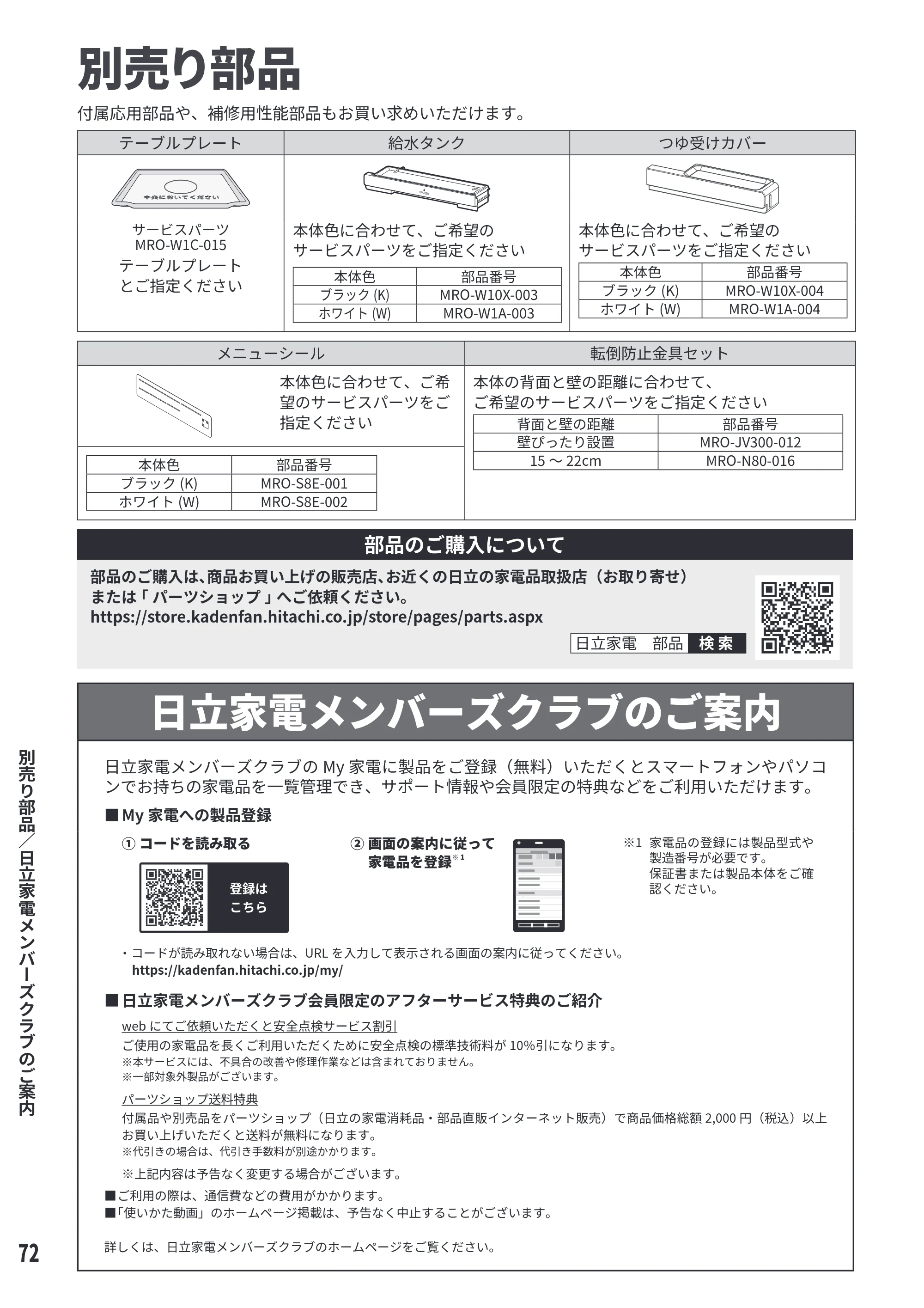 日立 MRO-S8E 取扱説明書 — 別売り部品 — 原本ページ — 72ページ