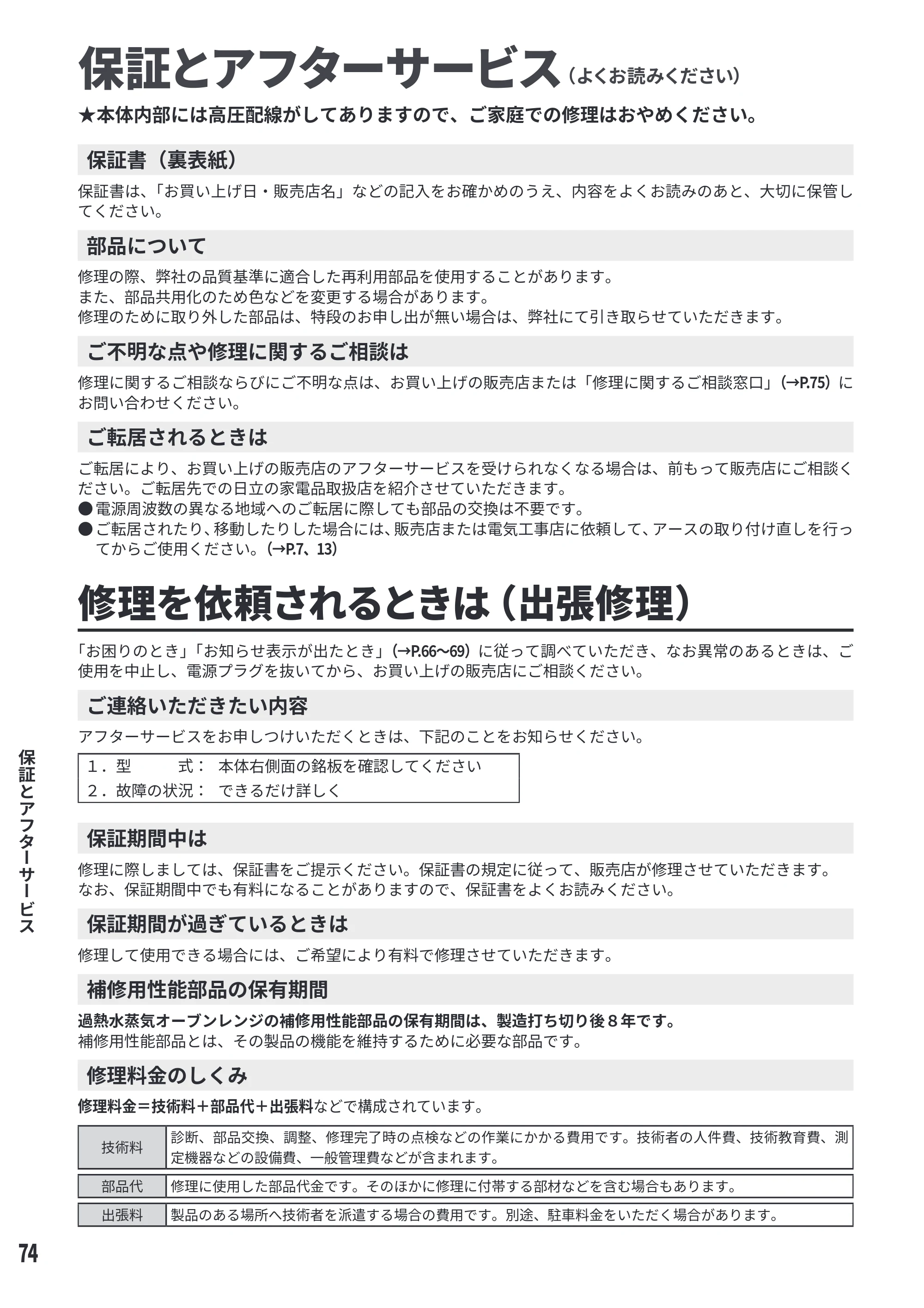 日立 MRO-S8E 取扱説明書 — 保証とアフターサービス — 原本ページ — 74ページ
