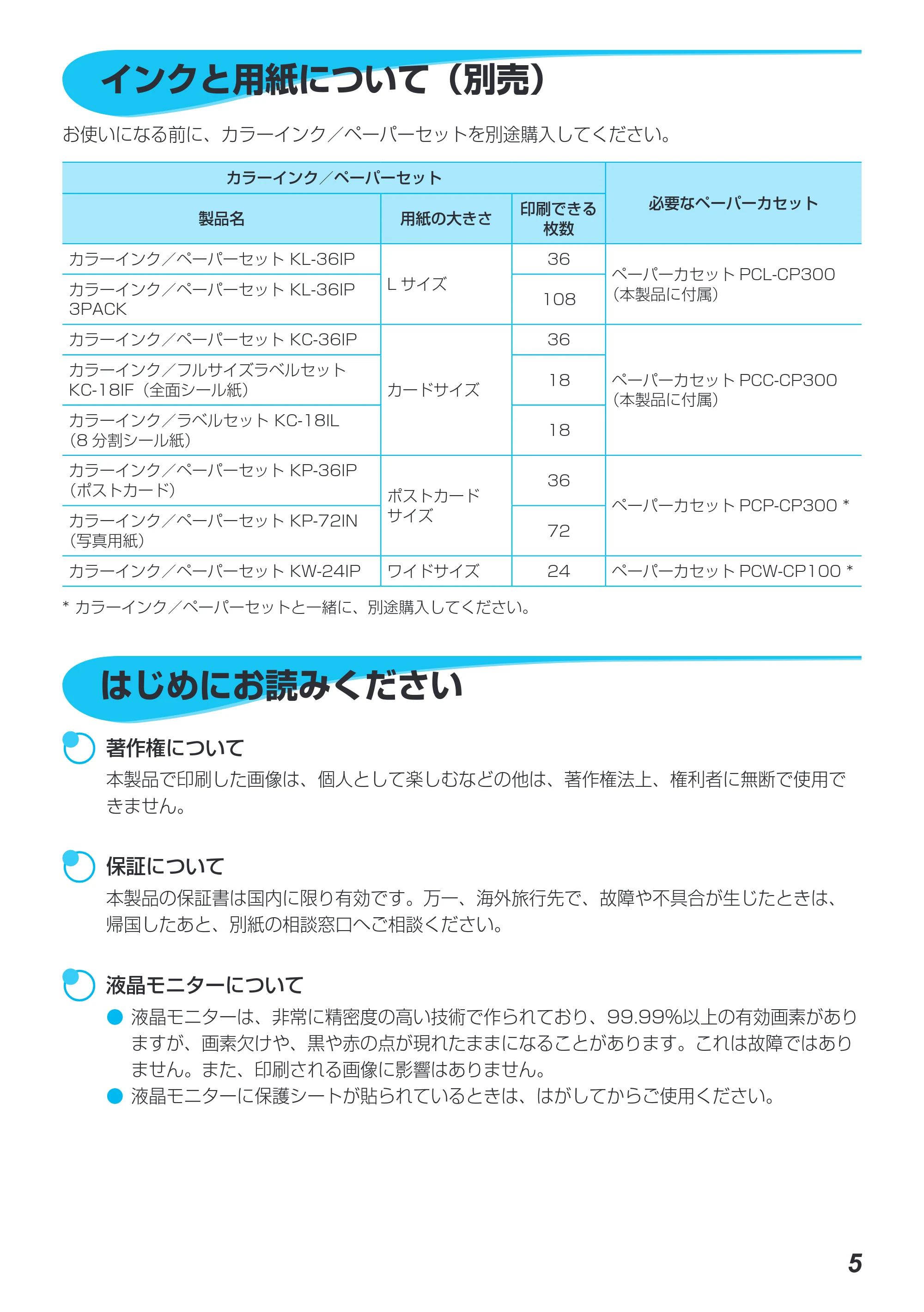 キヤノン SELPHY CP790 プリンターユーザーガイド (PDF形式/5.61Mバイト) — インクと用紙について(別売) — 原本ページ — 5ページ