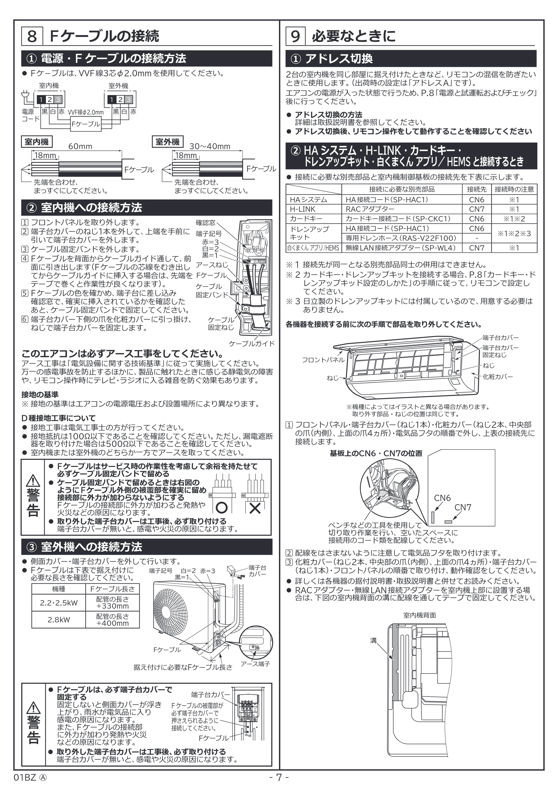 日立 RAS-BZ2226S / RAS-BZ2526S / RAS-BZ2826S 据付説明書 — Fケーブルの接続 — 図版 7-1 — 7ページ