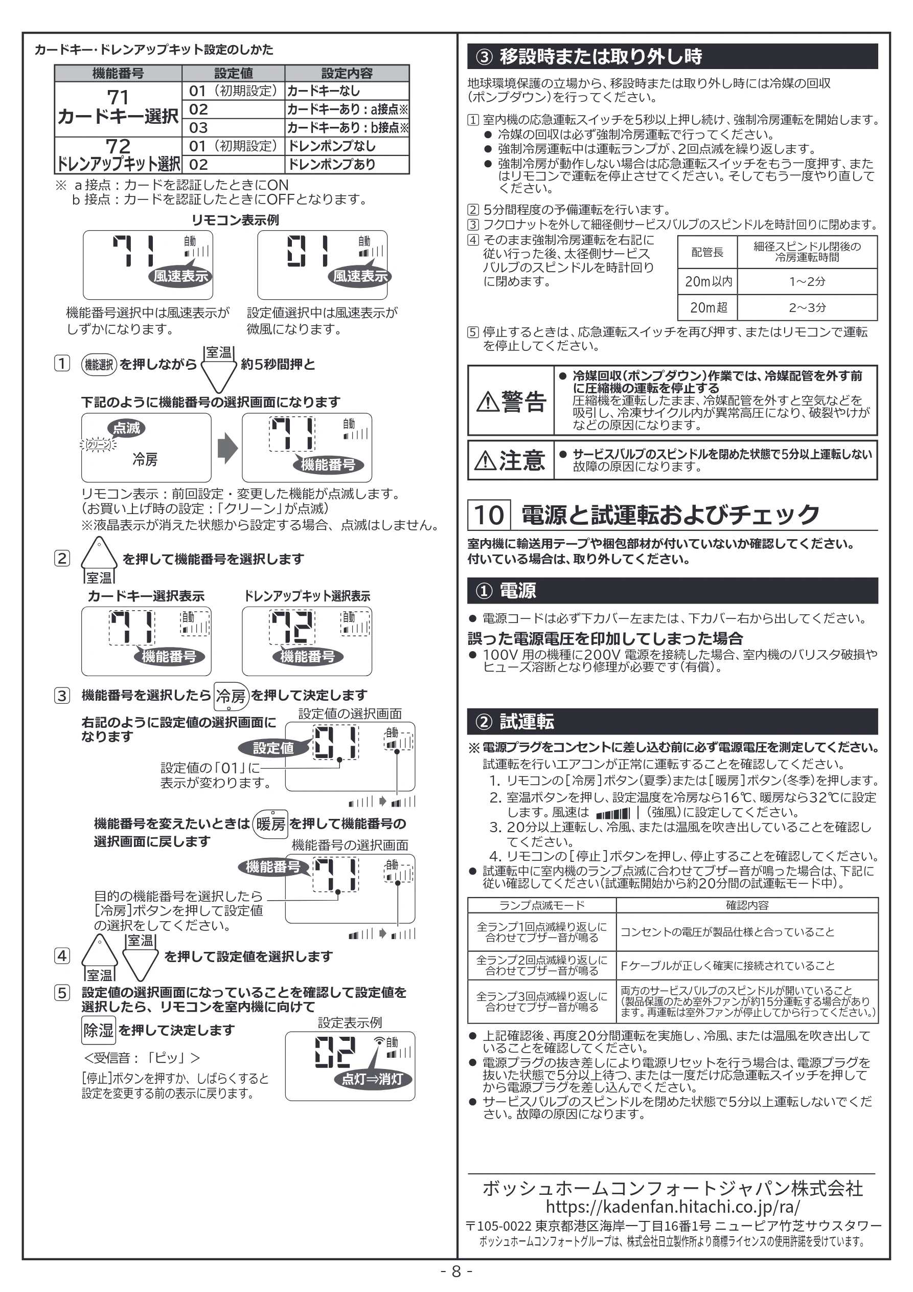 日立 RAS-BZ2226S / RAS-BZ2526S / RAS-BZ2826S 据付説明書 — 電源と試運転およびチェック — 図版 8-1 — 8ページ