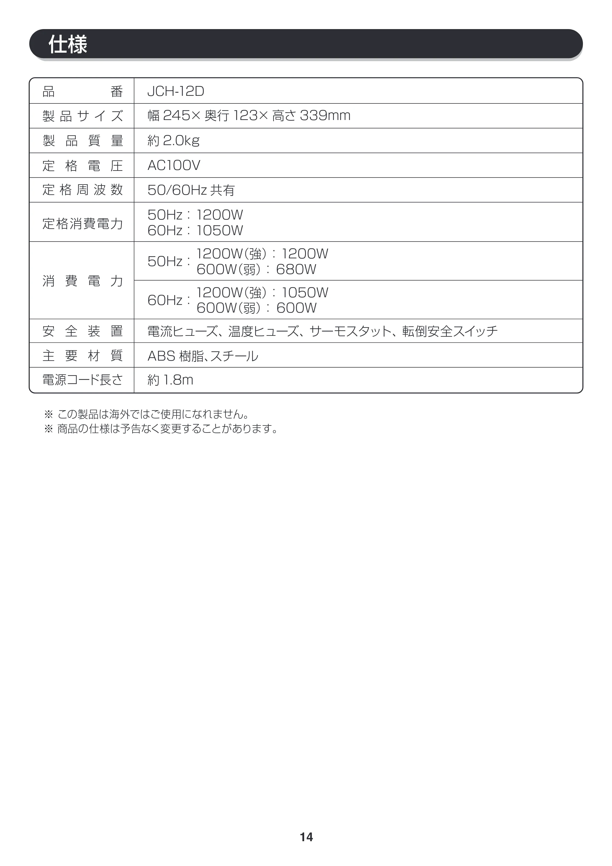 アイリスオーヤマ JCH-12D 取扱説明書 — 原本ページ — 14ページ