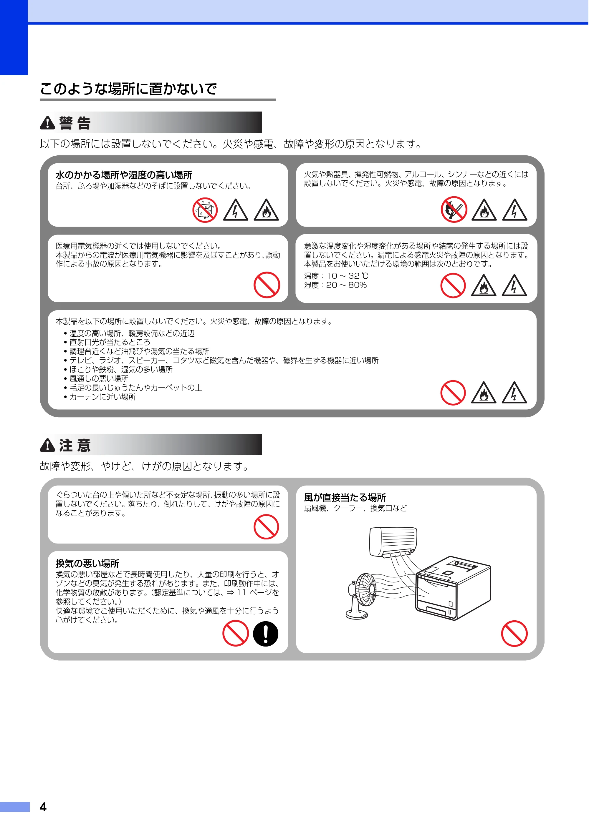 ブラザー HL-L8250CDN / HL-L8350CDW / HL-L9200CDWT 安全にお使いいただくために — このような場所に置かないで — 原本ページ — 4ページ