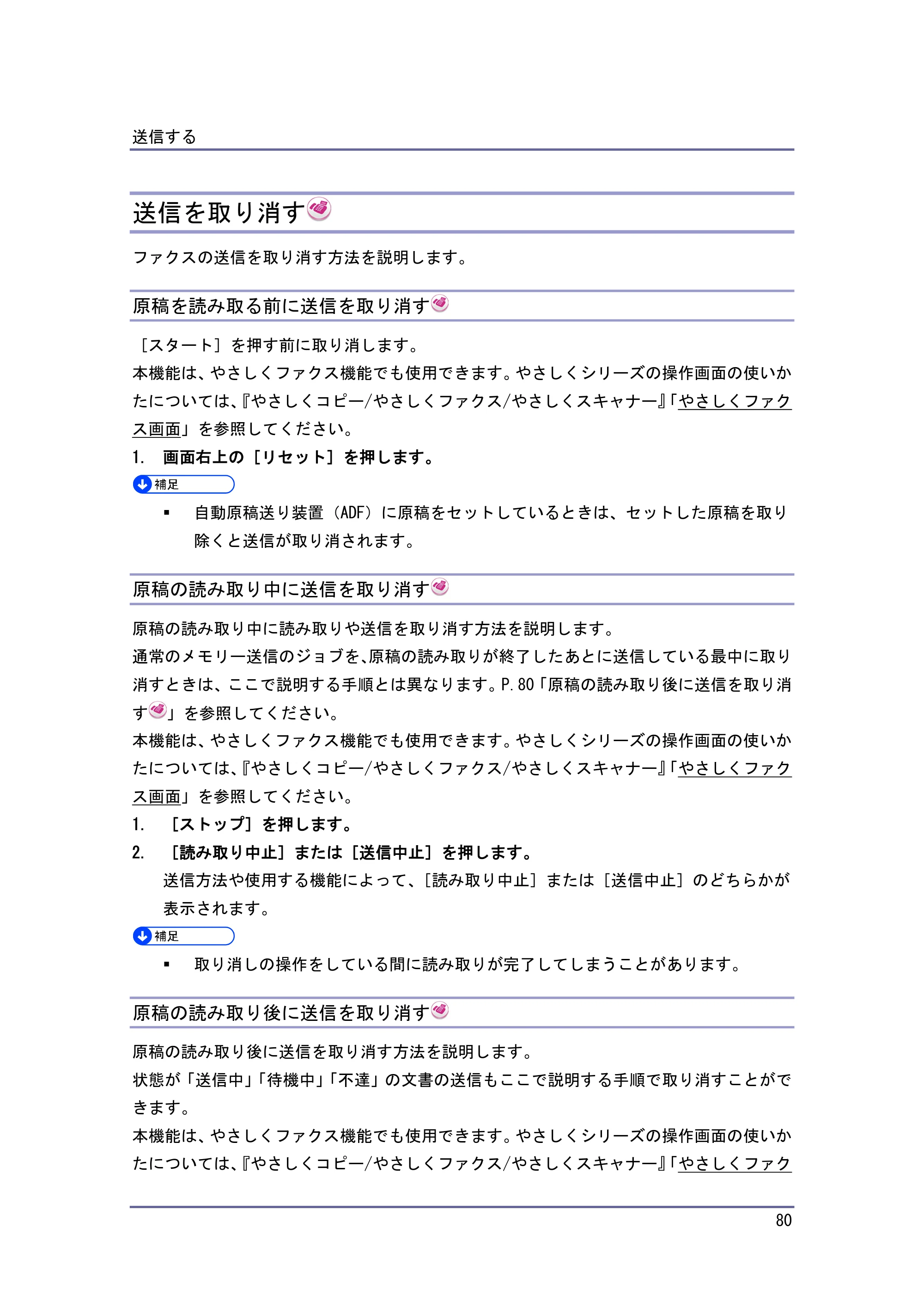 京セラ TASKalfa 4010w / TASKalfa 4011w / TASKalfa 4012w TASKalfa 4010w/4011w/4012w 使用説明書（ファクス） — 送信を取り消す — 原本ページ — 80ページ