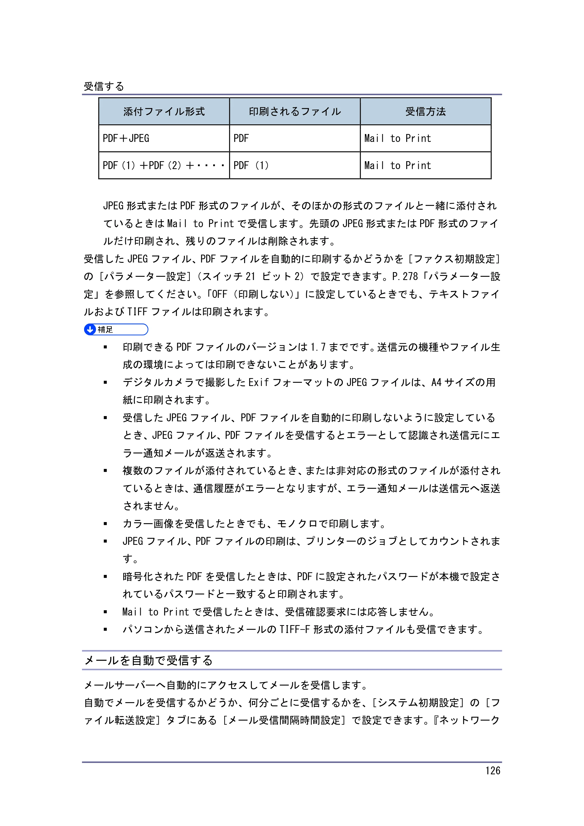 京セラ TASKalfa 4010w / TASKalfa 4011w / TASKalfa 4012w TASKalfa 4010w/4011w/4012w 使用説明書（ファクス） — メールを自動で受信する — 原本ページ — 126ページ