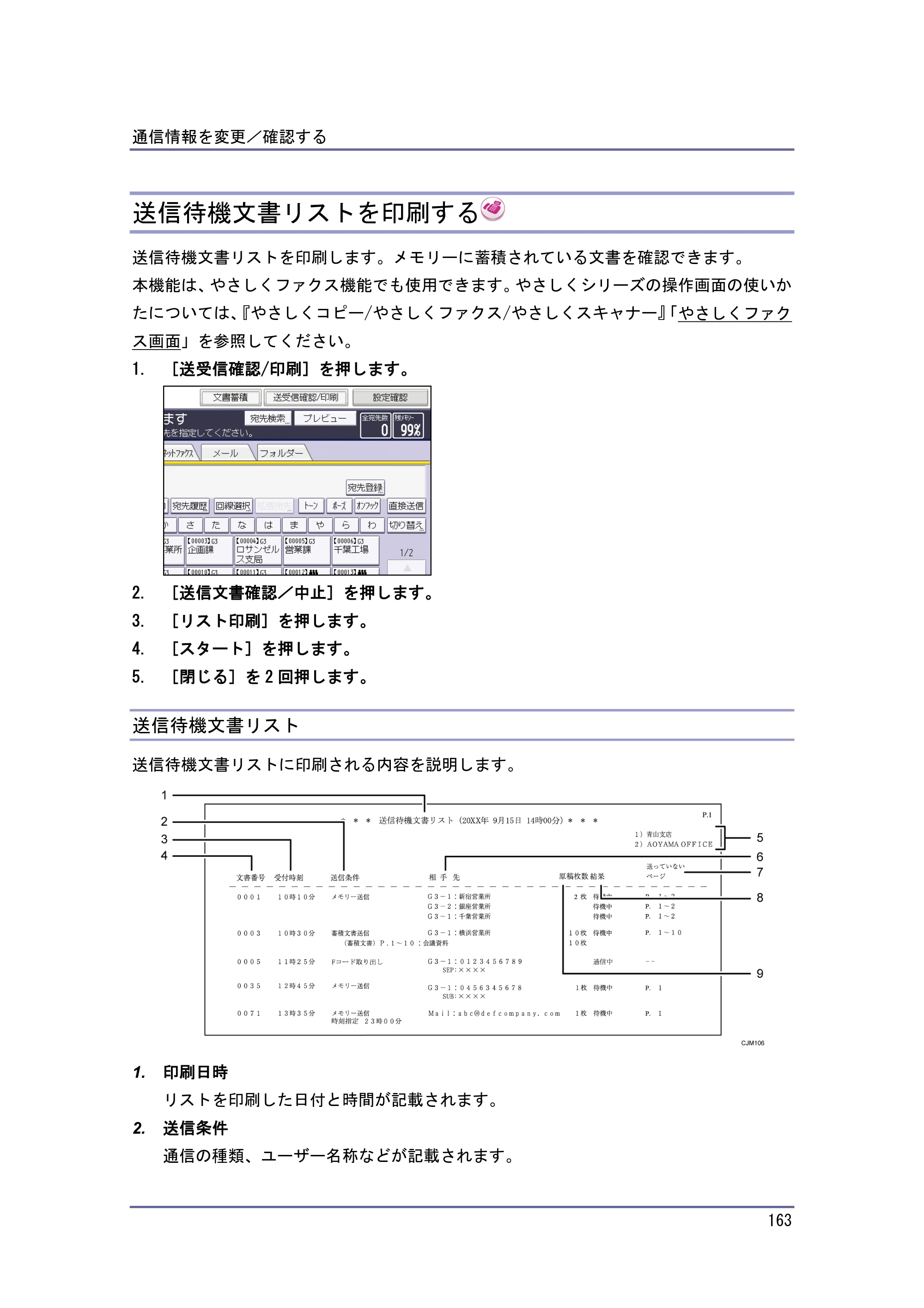 京セラ TASKalfa 4010w / TASKalfa 4011w / TASKalfa 4012w TASKalfa 4010w/4011w/4012w 使用説明書（ファクス） — 送信待機文書リストを印刷する — 原本ページ — 163ページ