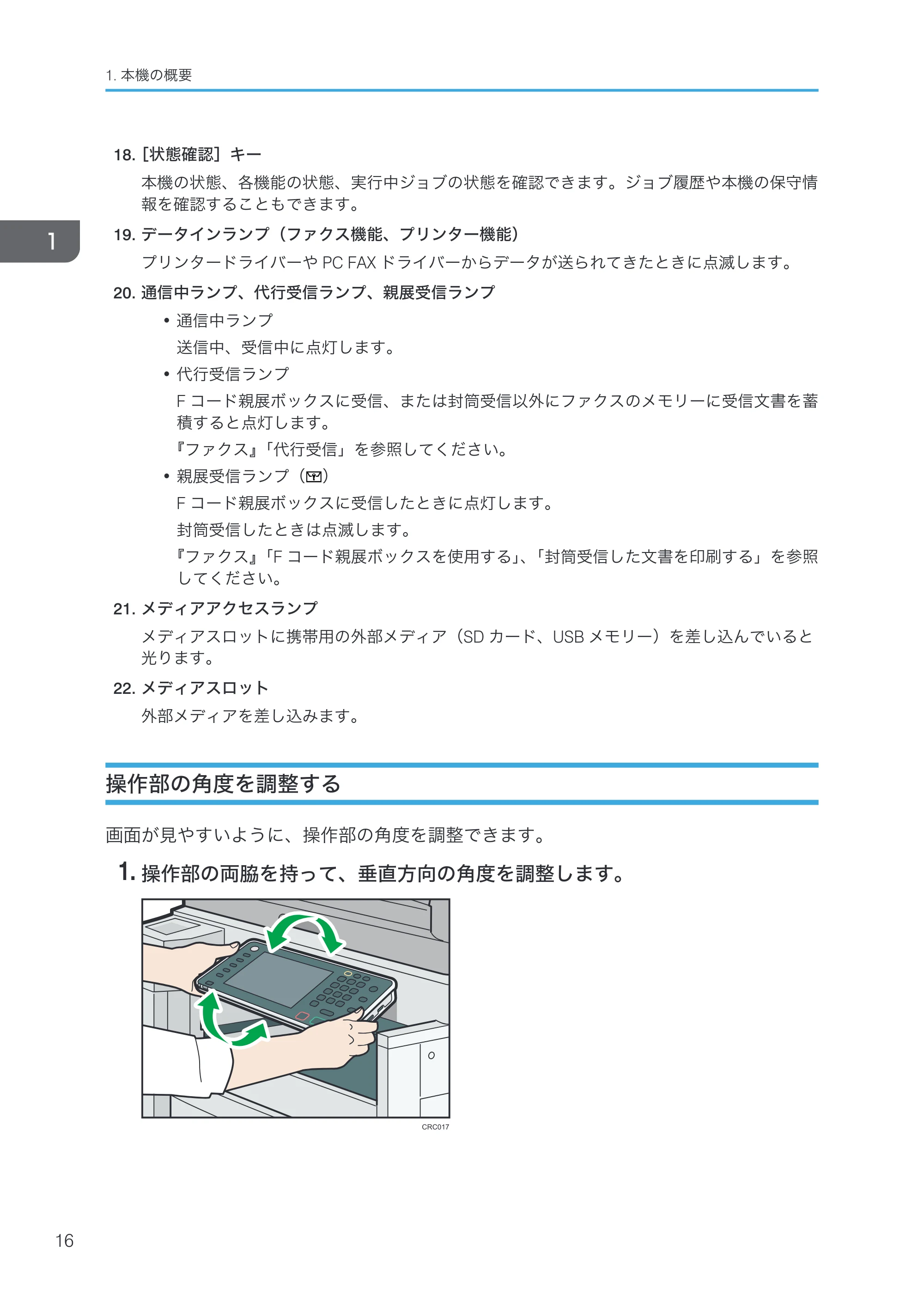 京セラ TASKalfa 4000w / TASKalfa 4001w TASKalfa 4000w/4001w 使用説明書 (本機のご利用にあたって) — 操作部の角度を調整する — 原本ページ — 18ページ