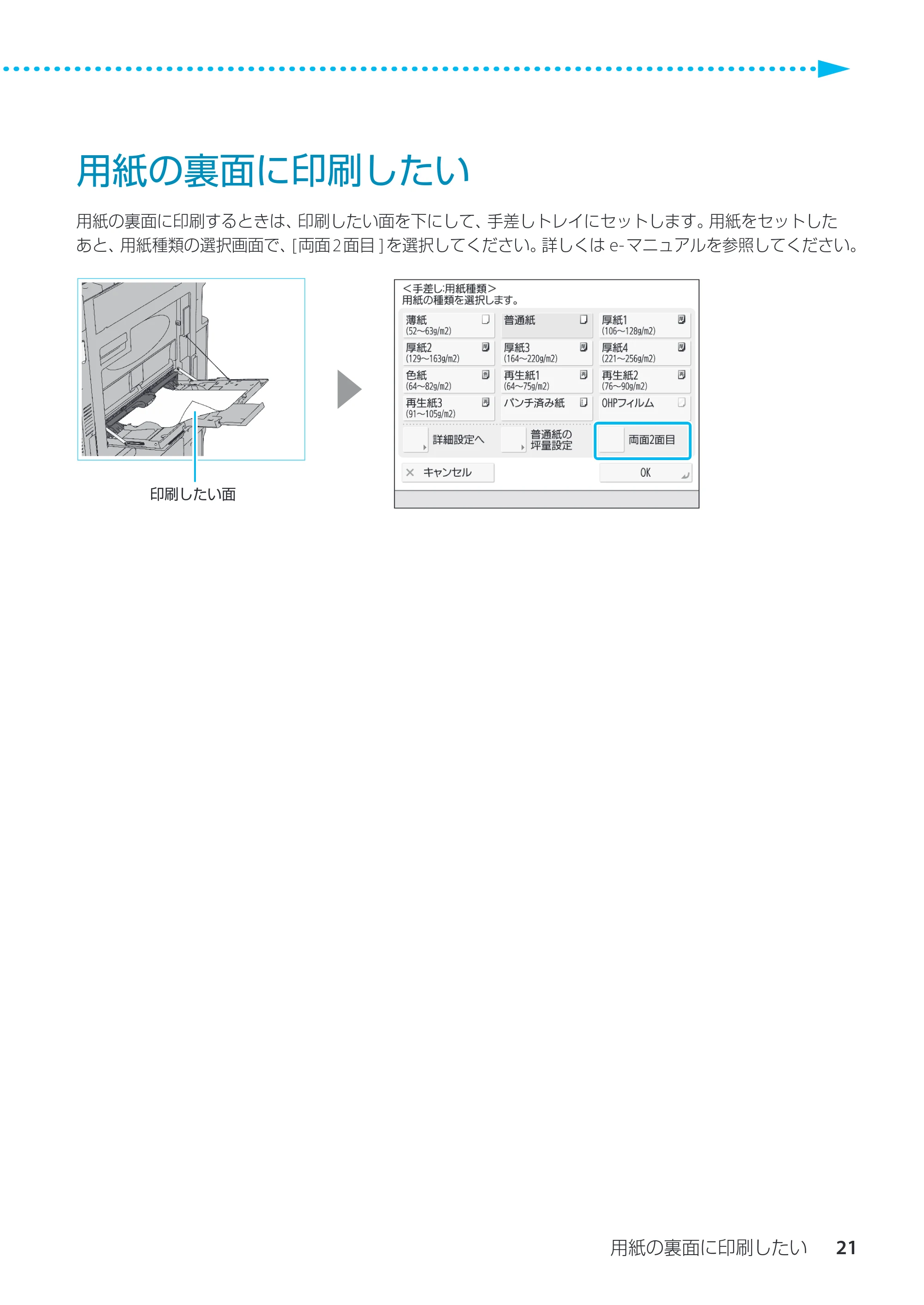キヤノン imageRUNNER ADVANCE C3330F/C3330/C3320F/C3330F-RG サポートガイド 2015年5月19日更新（PDF：18.4MB） — 用紙の裏面に印刷したい — 原本ページ — 21ページ