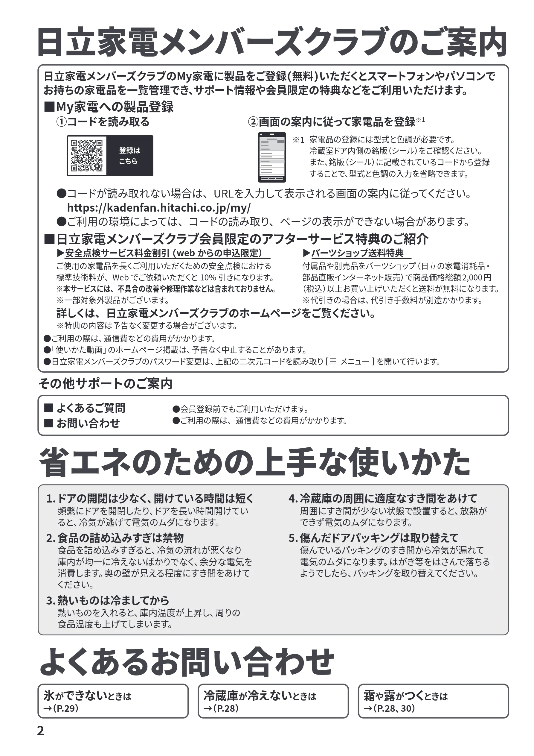 日立 R-HWS47Y / R-HWS47YL 取扱説明書 — 日立家電メンバーズクラブのご案内/省エネのための上手な使いかた/よくあるお問い合わせ — 図版 2-1 — 2ページ