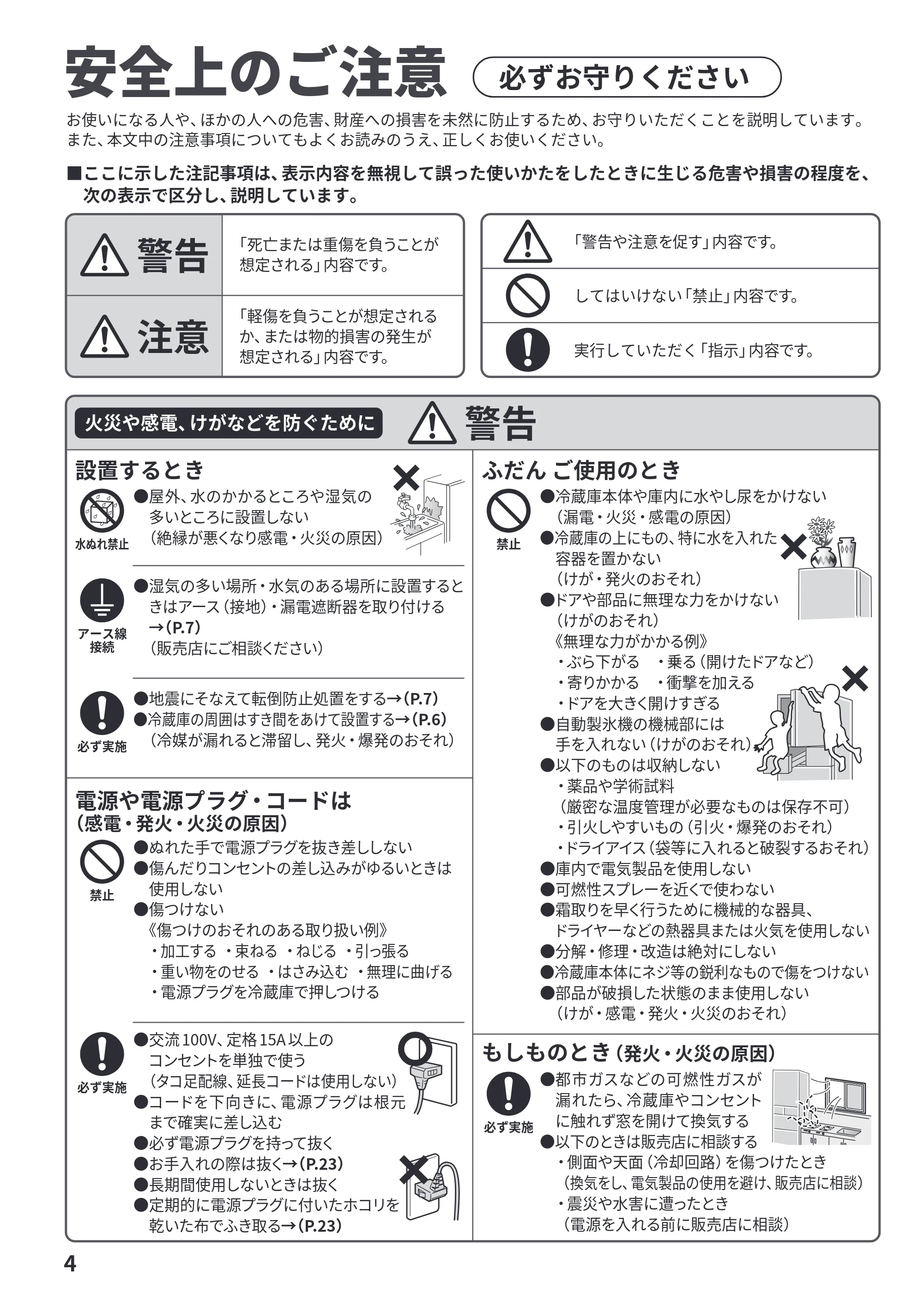 日立 R-HWS47Y / R-HWS47YL 取扱説明書 — 安全上のご注意(必ずお守りください) — 原本ページ — 4ページ