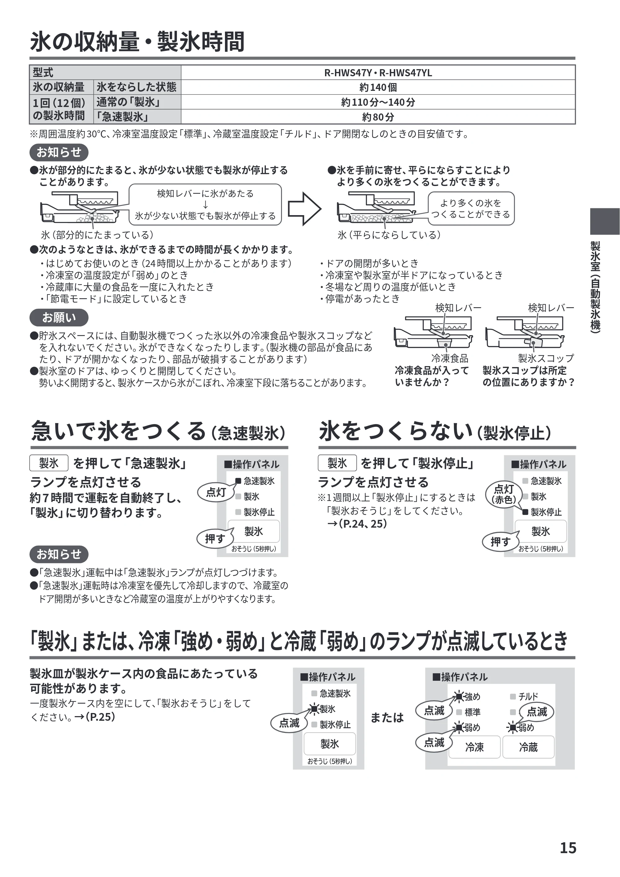 日立 R-HWS47Y / R-HWS47YL 取扱説明書 — 氷の収納量・製氷時間 — 原本ページ — 15ページ