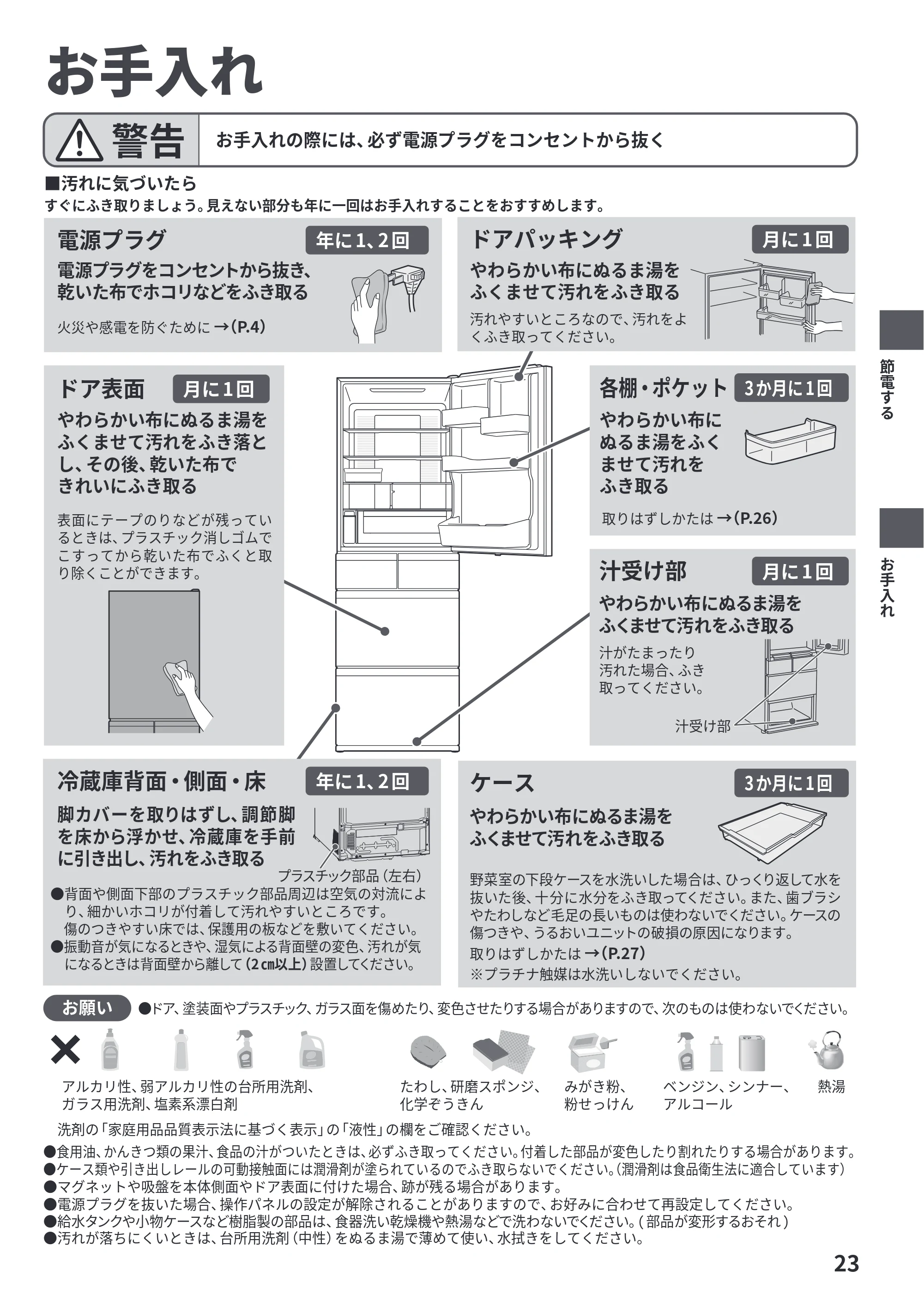 日立 R-HWS47Y / R-HWS47YL 取扱説明書 — お手入れ — 原本ページ — 23ページ