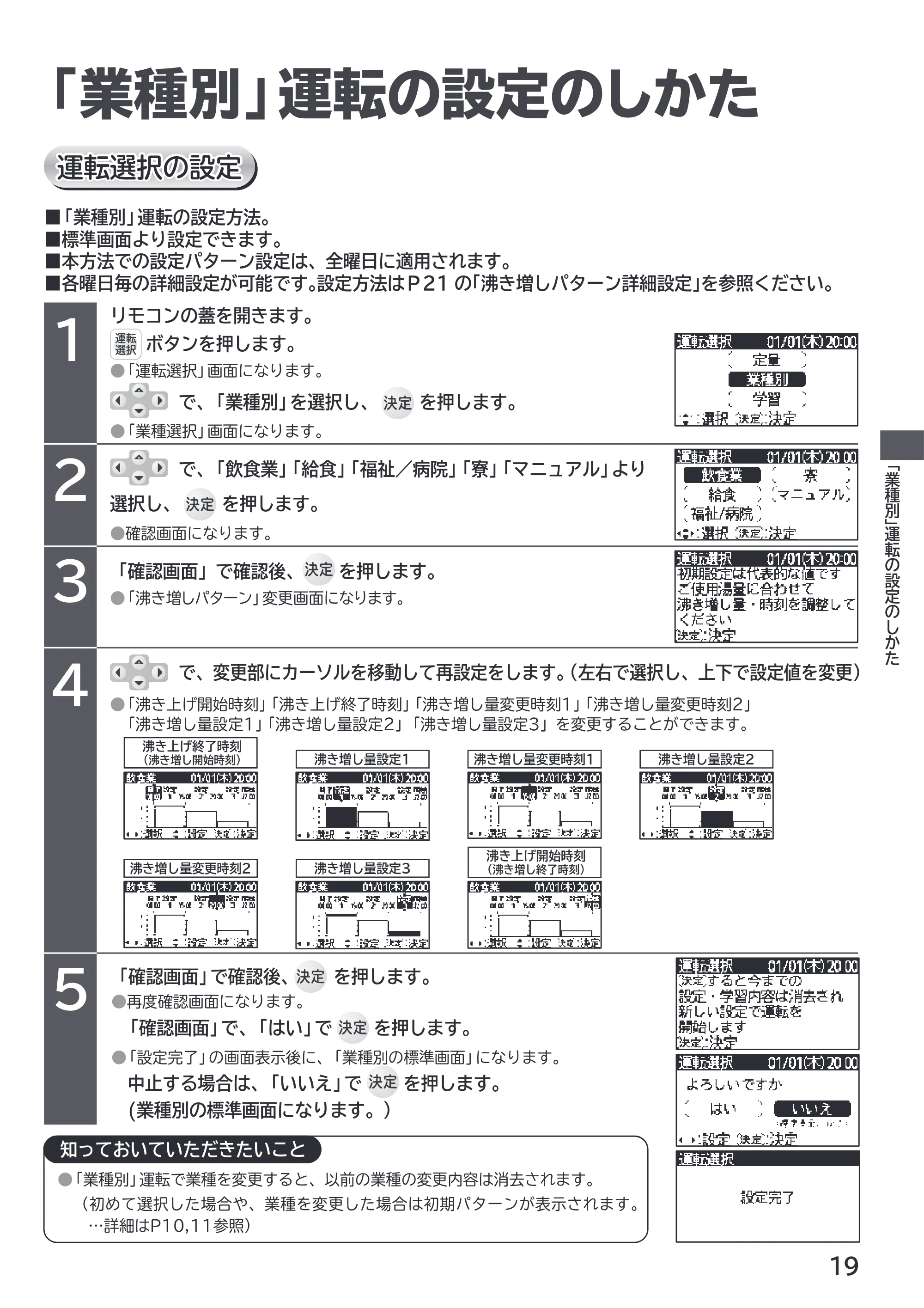 日立 RHK-1501EJS / RHK-1501EJKS 取扱説明書 — 「業種別」運転の設定のしかた — 原本ページ — 19ページ