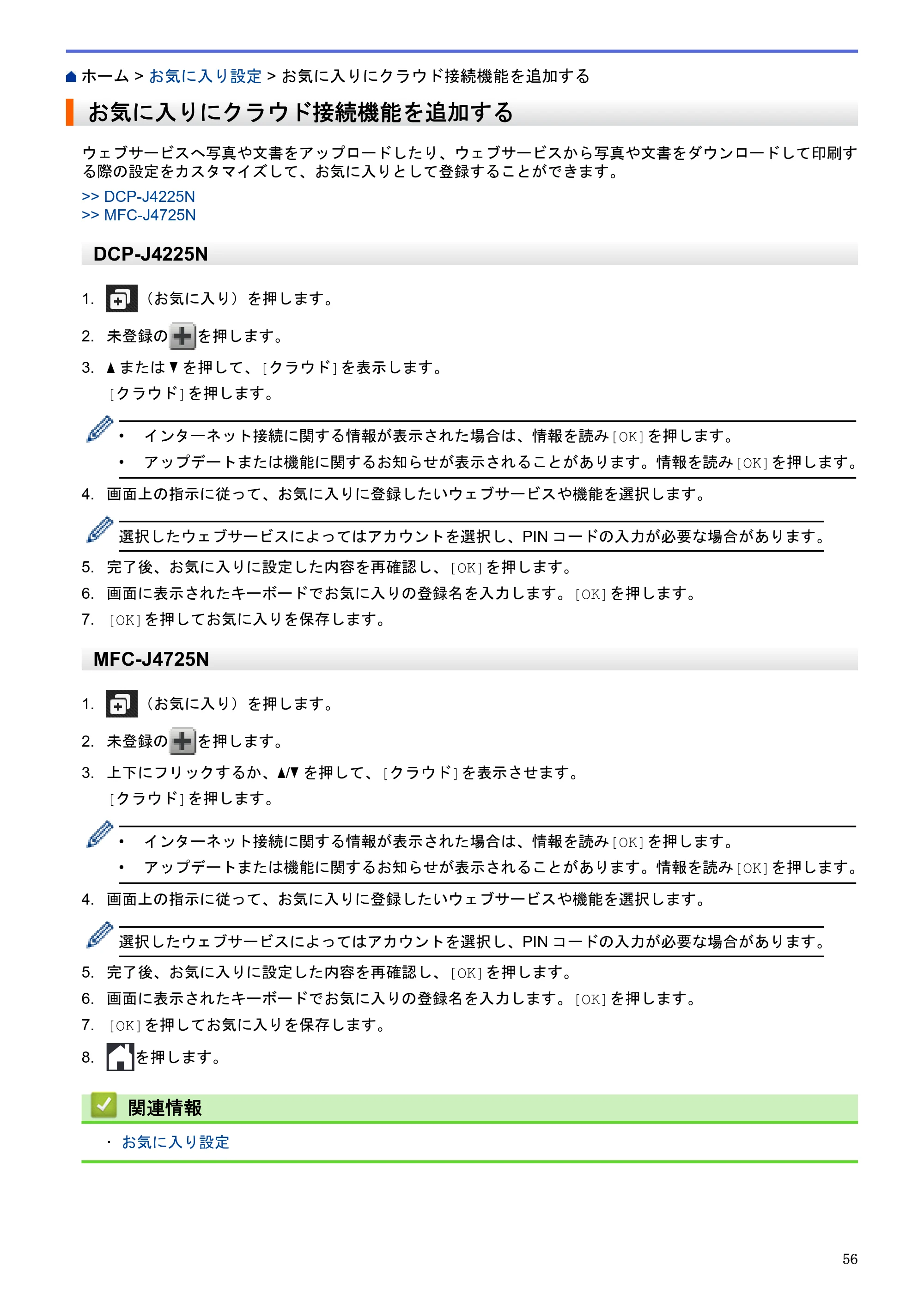 ブラザー DCP-J4225N / MFC-J4725N クラウド接続ガイド — お気に入りにクラウド接続機能を追加する — 原本ページ — 61ページ