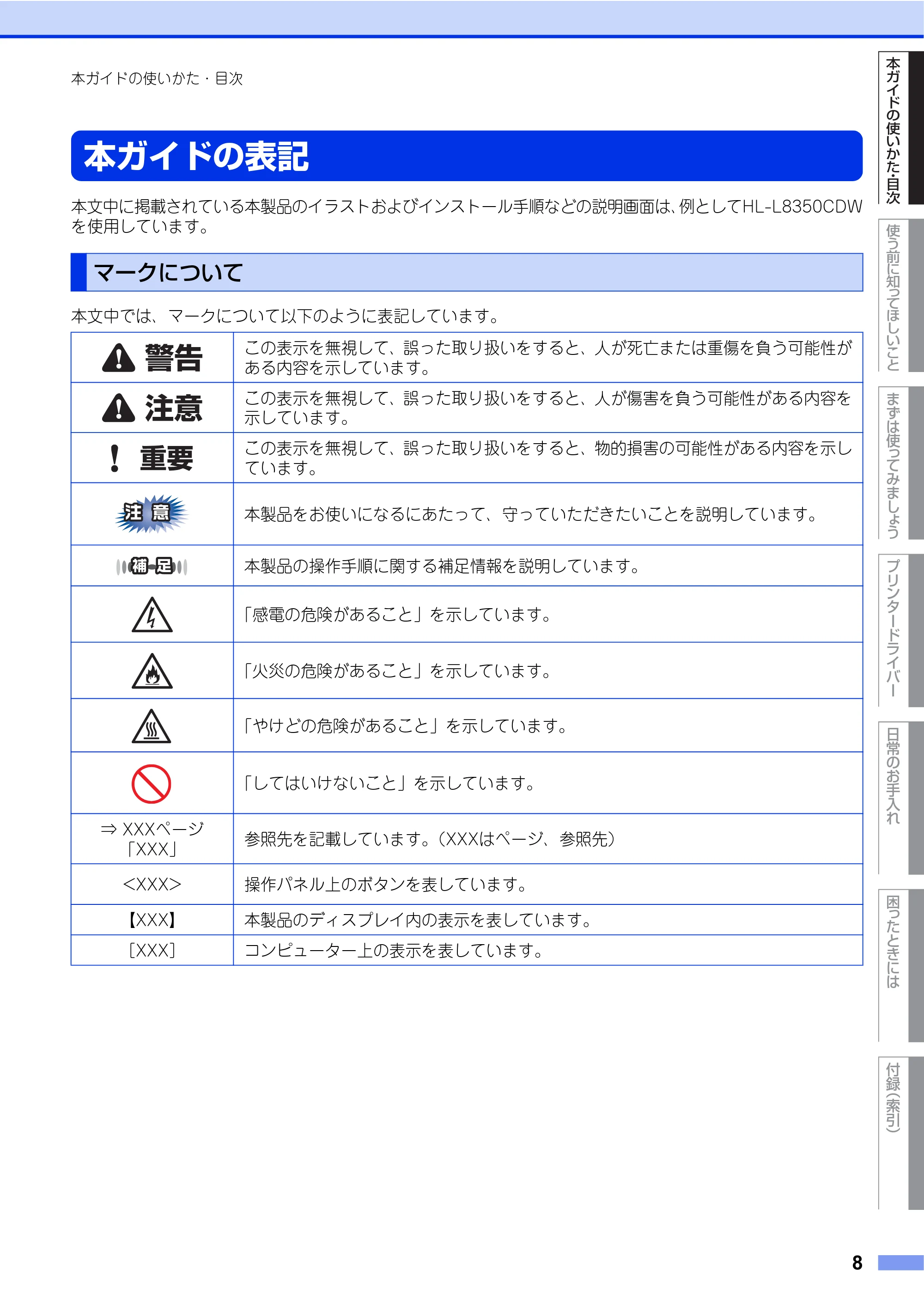 ブラザー HL-L8250CDN / HL-L8350CDW ユーザーズガイド — 本ガイドの表記 — 原本ページ — 8ページ