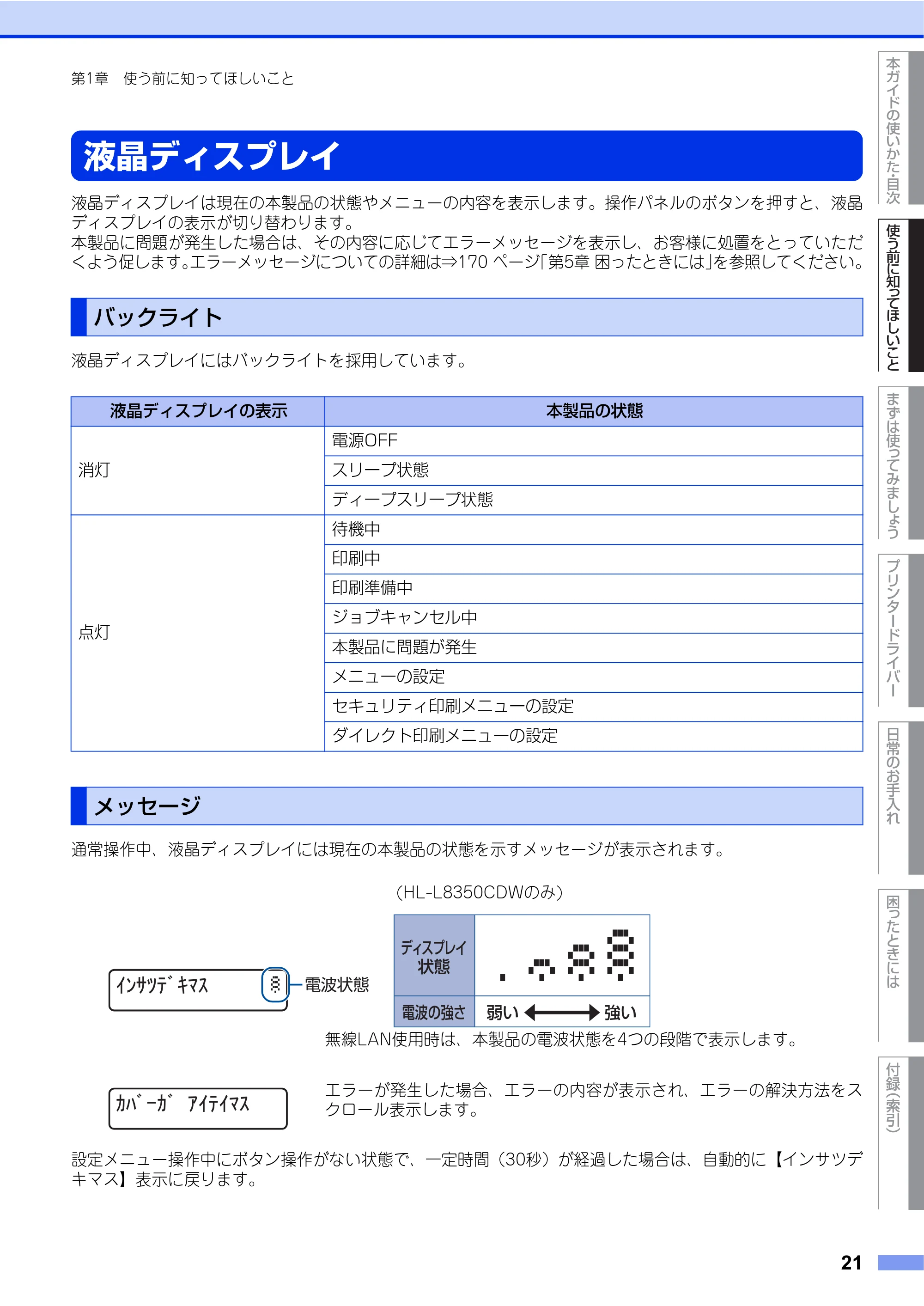ブラザー HL-L8250CDN / HL-L8350CDW ユーザーズガイド — 液晶ディスプレイ — 原本ページ — 21ページ