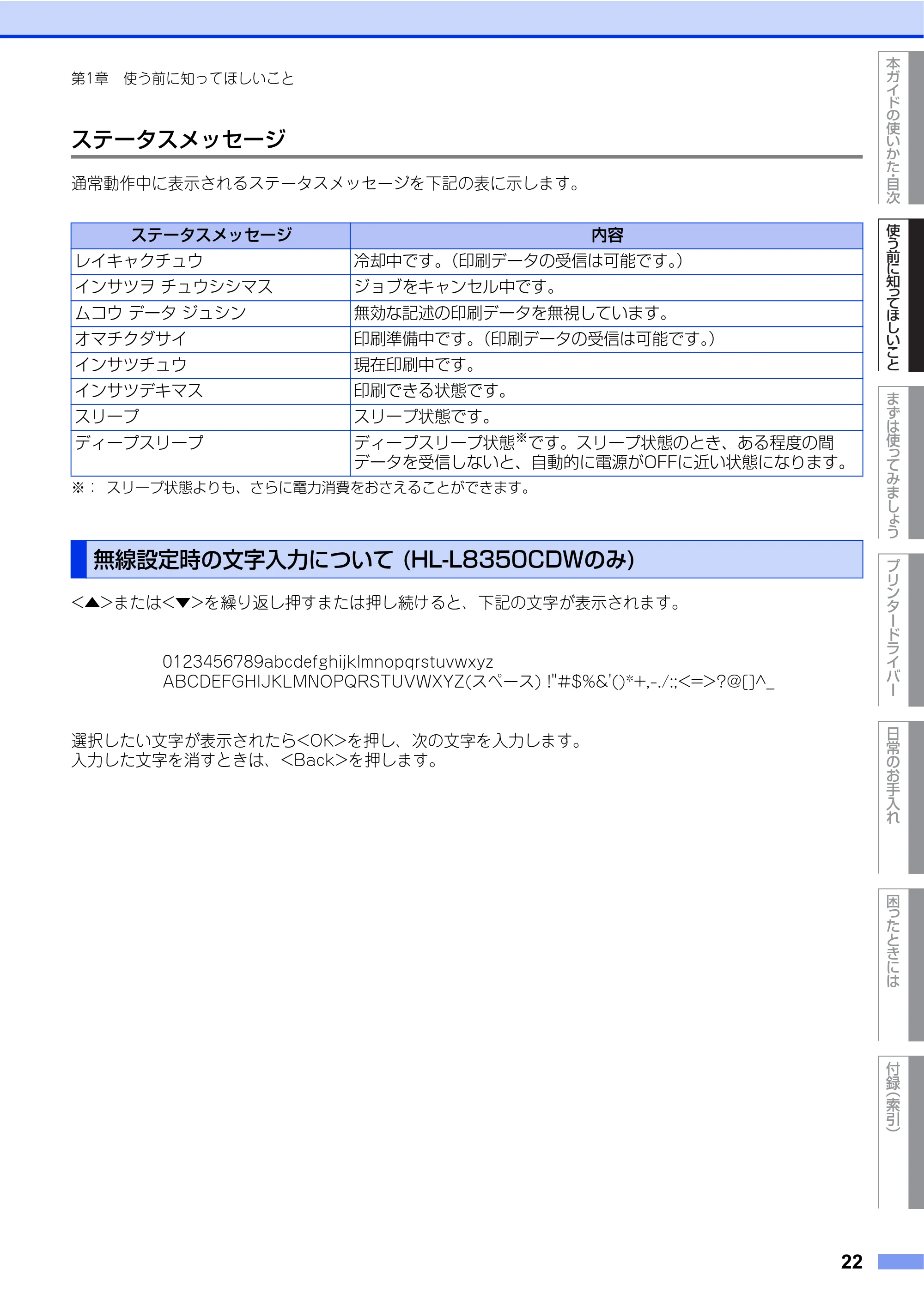 ブラザー HL-L8250CDN / HL-L8350CDW ユーザーズガイド — 無線設定時の文字入力について (HL-L8350CDWのみ) — 原本ページ — 22ページ