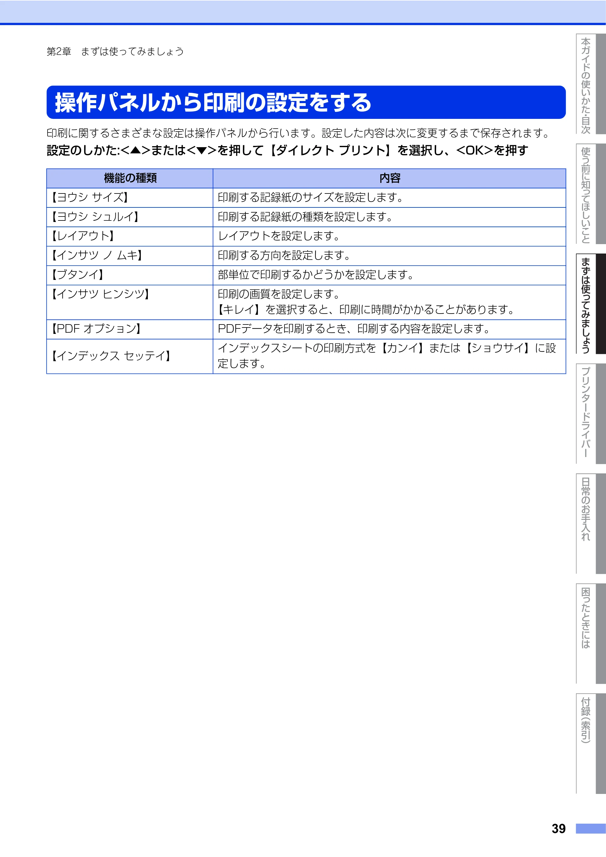 ブラザー HL-L8250CDN / HL-L8350CDW ユーザーズガイド — 操作パネルから印刷の設定をする — 原本ページ — 39ページ