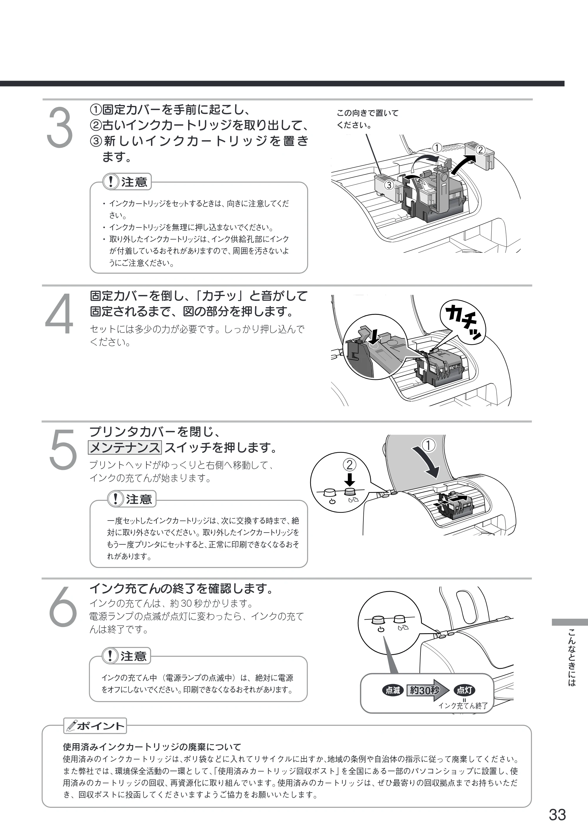 エプソン CL-750 スタートアップガイド — ①固定カバーを手前に起こし、 ②古いインクカートリッジを取り出して、 ③新しいインクカートリッジを置き ます。 — 原本ページ — 35ページ