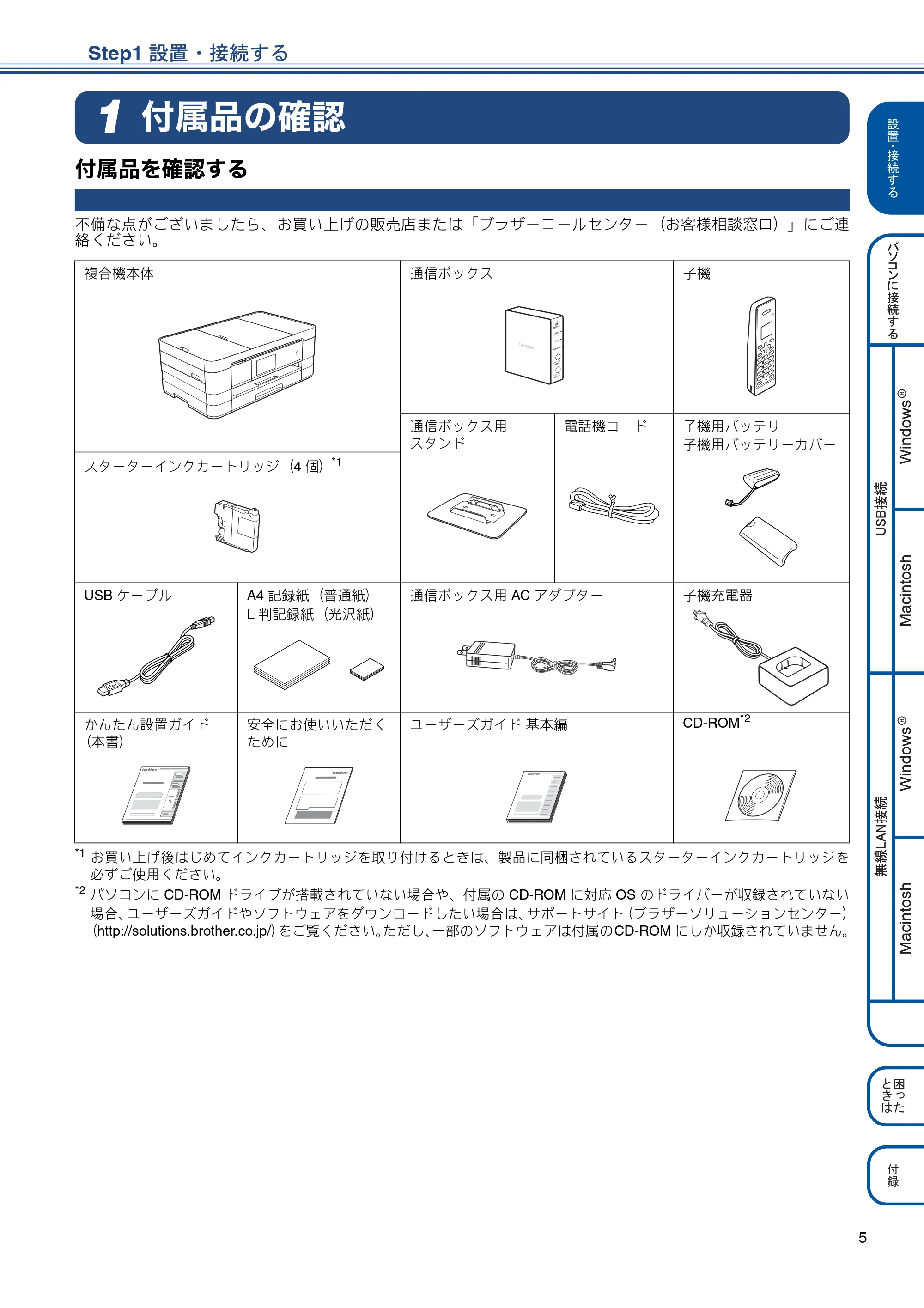 ブラザー MFC-J4810DN かんたん設置ガイド — Step1 設置・接続する — 原本ページ — 5ページ