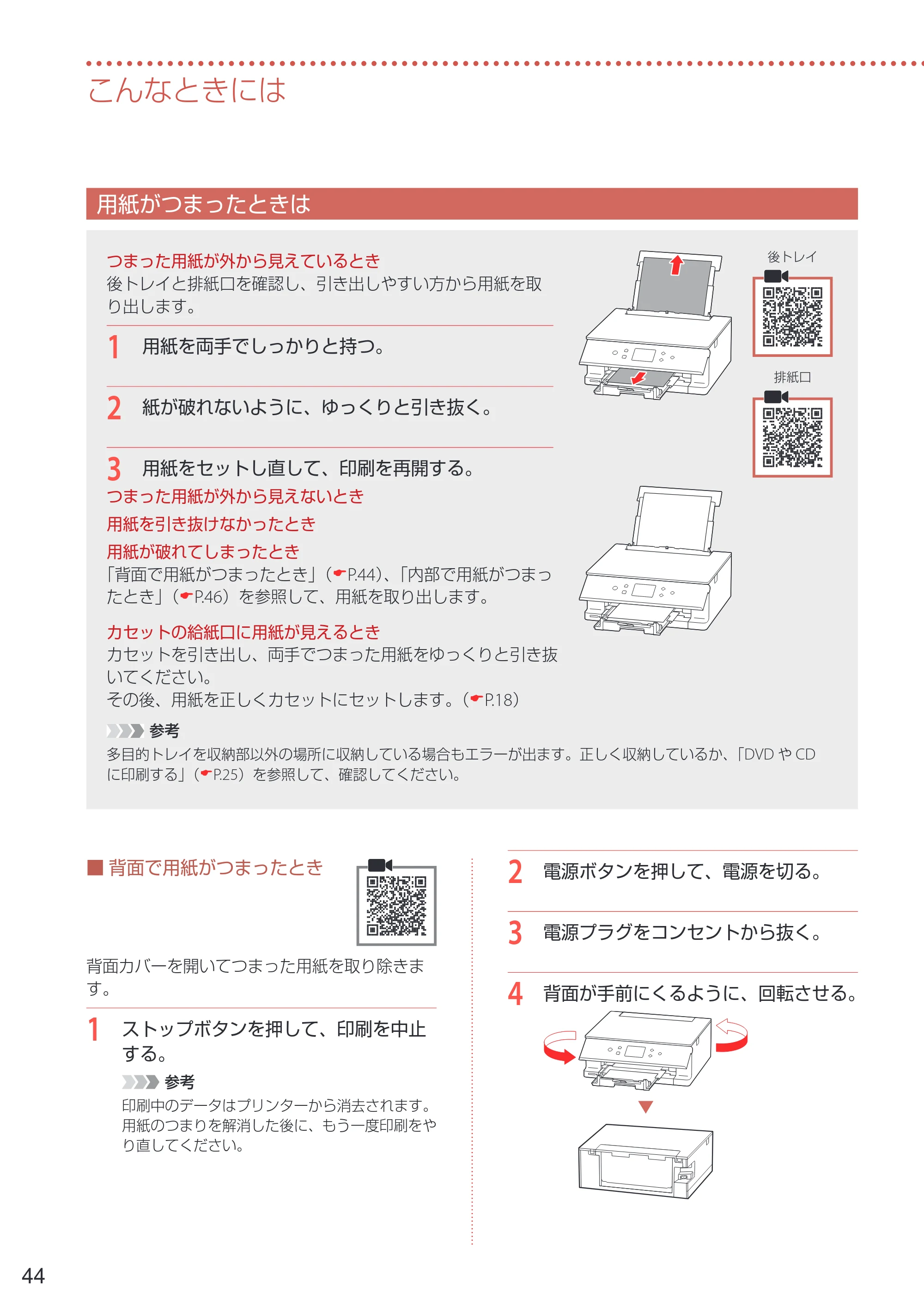 キヤノン PIXUS XK100 設置・基本操作マニュアル 2021年10月27日掲載（PDF：7.76MB） — 用紙がつまったときは — 原本ページ — 46ページ
