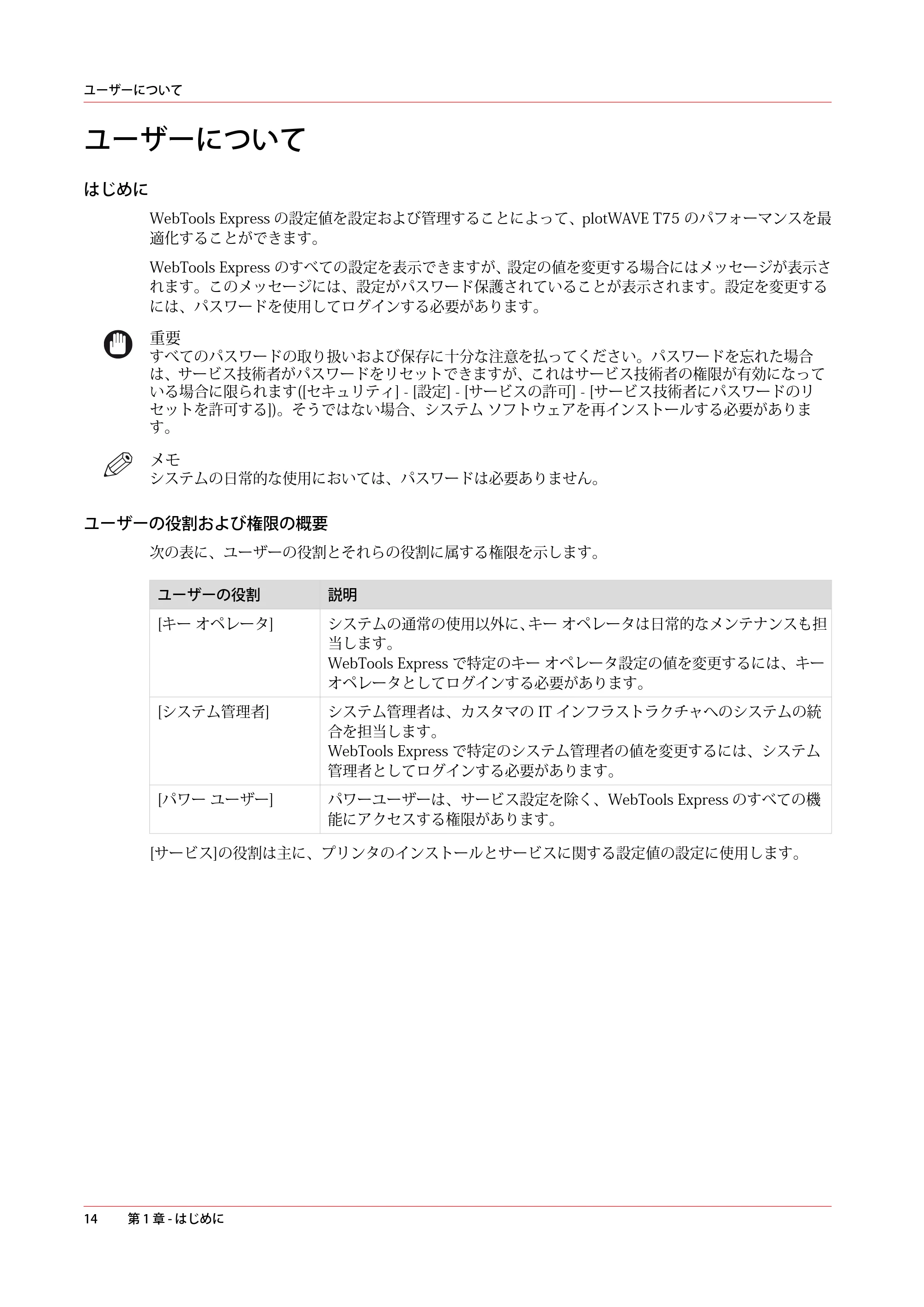 キヤノン plotWAVE T75 操作ガイド 2025年2月14日掲載 （PDF形式／18.05Mバイト） — ユーザーについて — 原本ページ — 14ページ