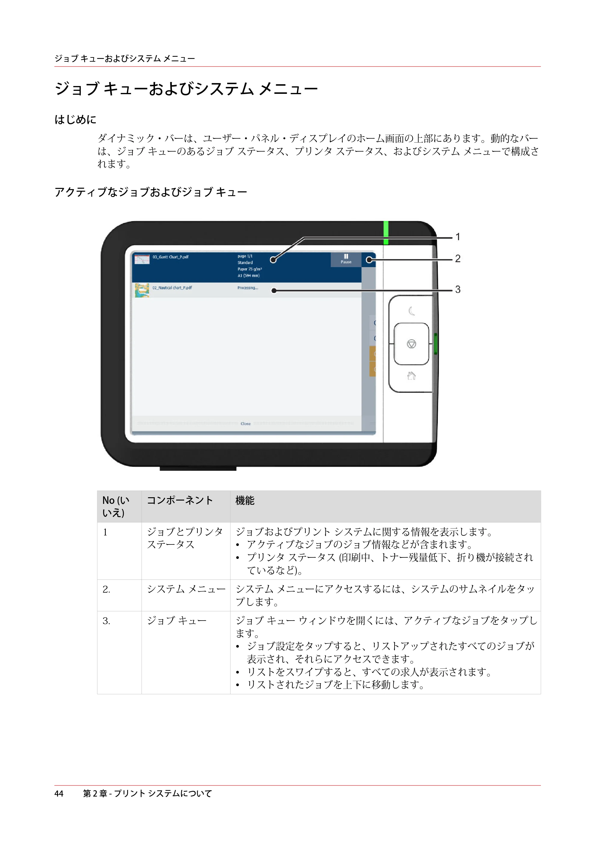 キヤノン plotWAVE T75 操作ガイド 2025年2月14日掲載 （PDF形式／18.05Mバイト） — ジョブ キューおよびシステム メニュー — 原本ページ — 44ページ