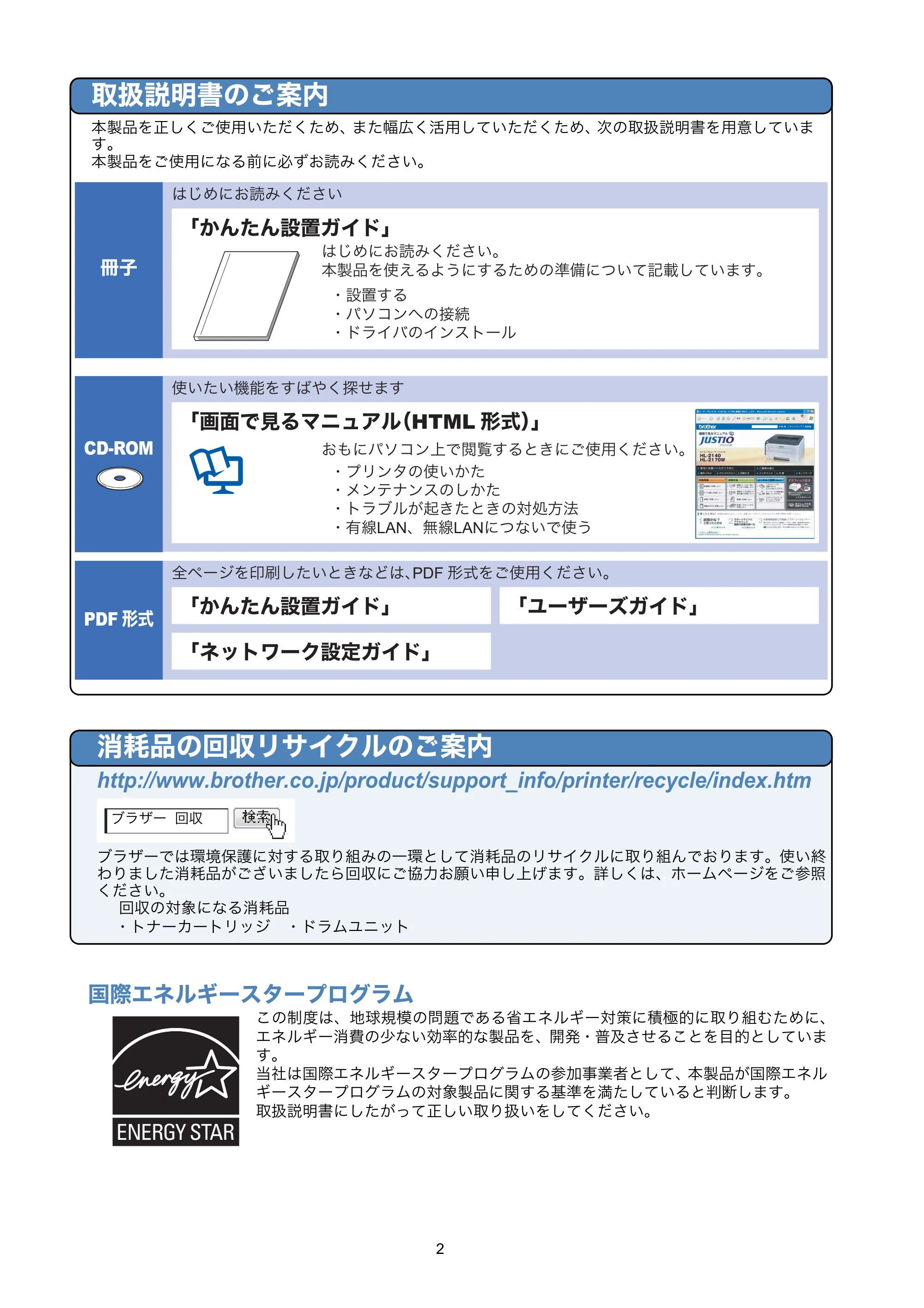 ブラザー HL-2140 / HL-2170W 取扱説明書（本体） — 原本ページ — 2ページ