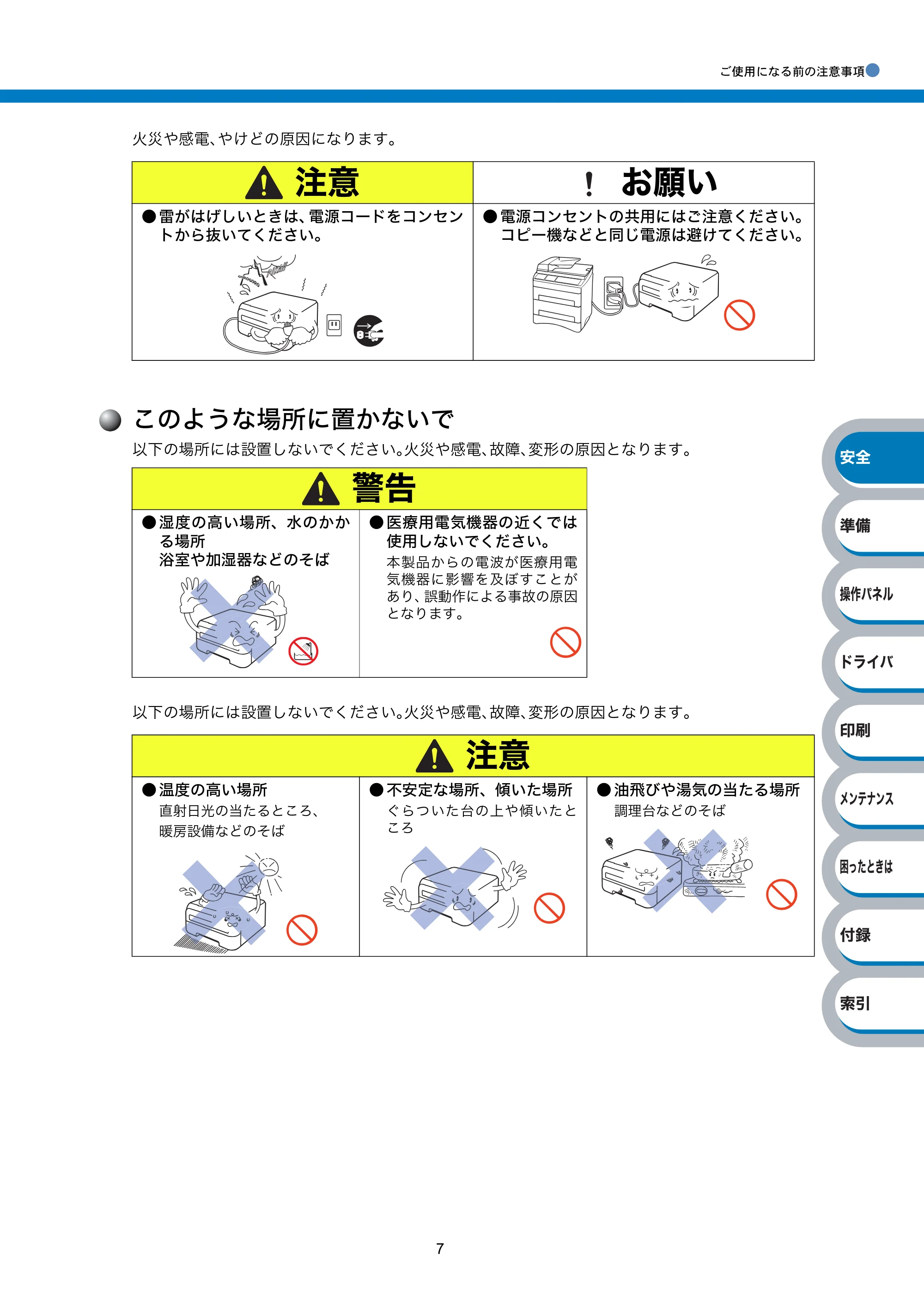 ブラザー HL-2140 / HL-2170W 取扱説明書（本体） — このような場所に置かないで — 原本ページ — 7ページ