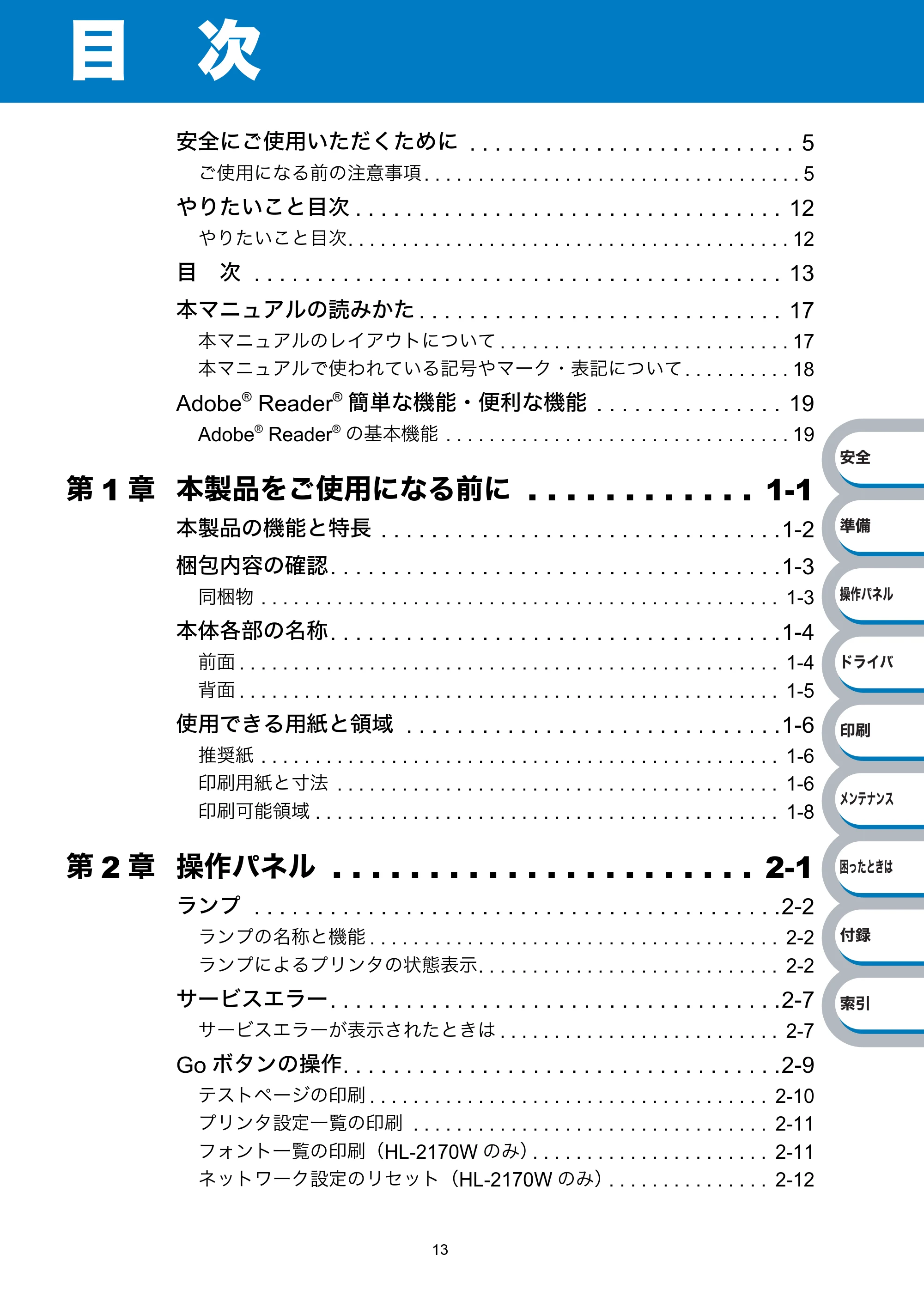 ブラザー HL-2140 / HL-2170W 取扱説明書（本体） — 目 次 — 原本ページ — 13ページ