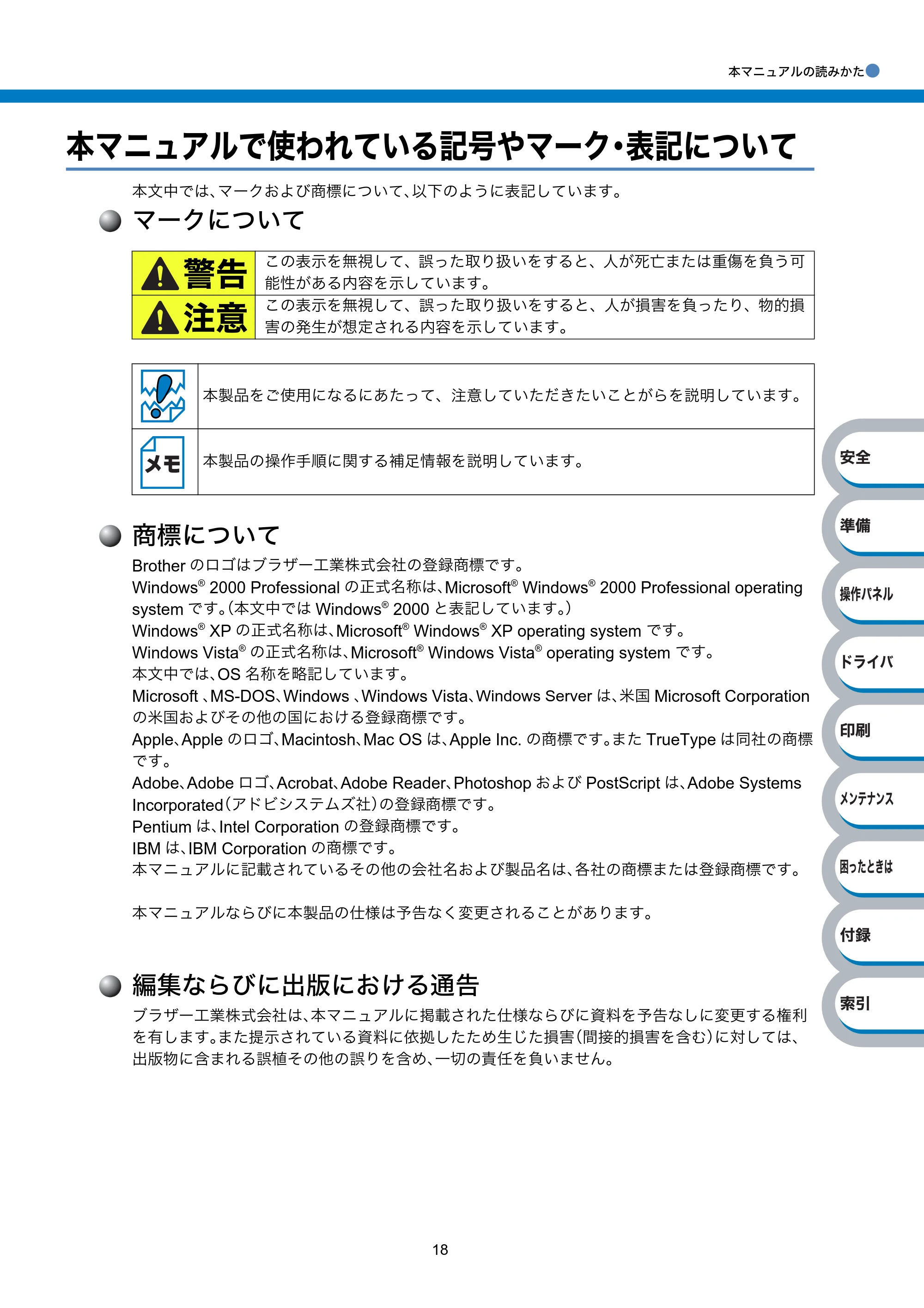 ブラザー HL-2140 / HL-2170W 取扱説明書（本体） — 本マニュアルで使われている記号やマーク・表記について — 原本ページ — 18ページ