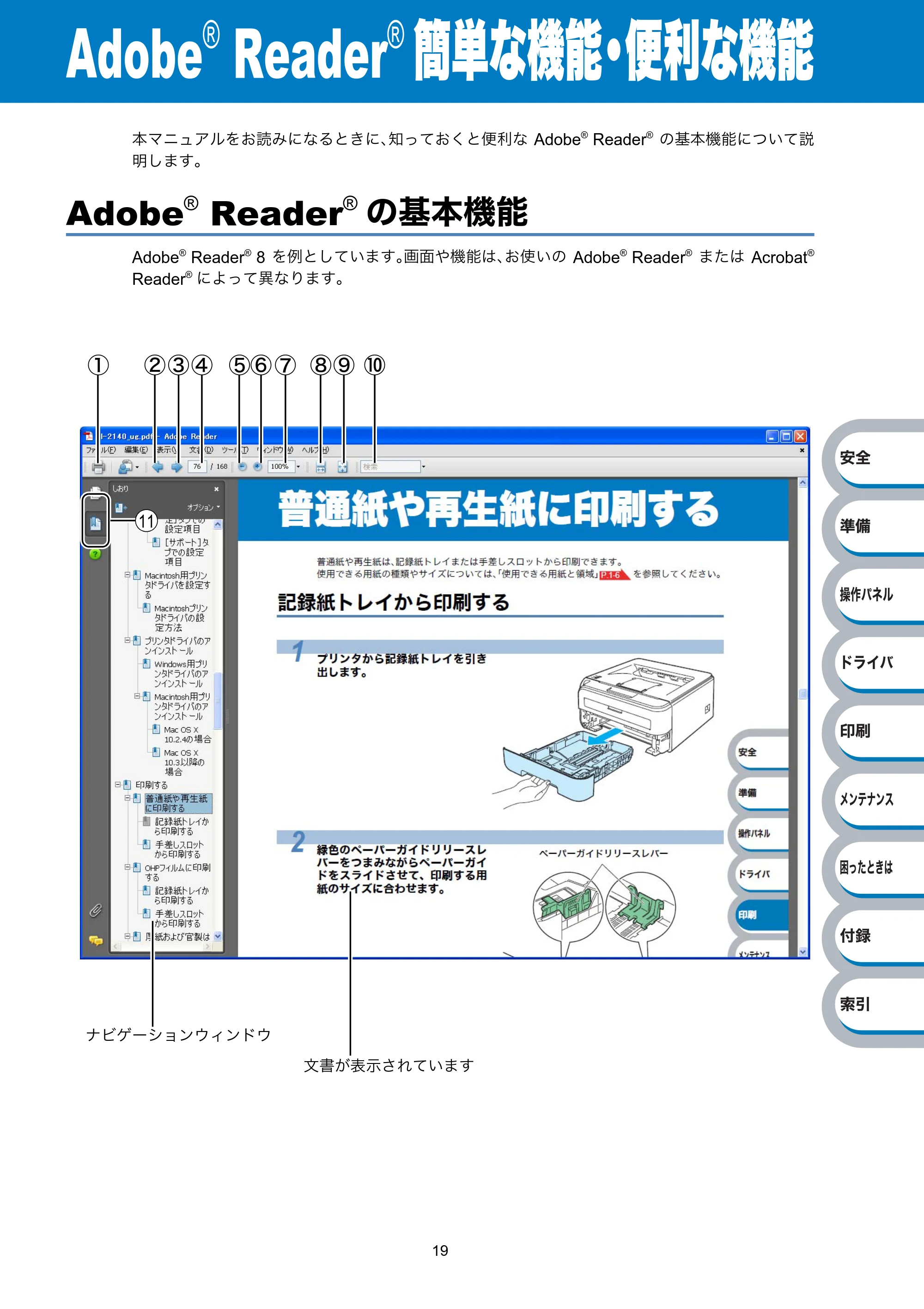 ブラザー HL-2140 / HL-2170W 取扱説明書（本体） — Adobe® Reader®簡単な機能・便利な機能 — 原本ページ — 19ページ