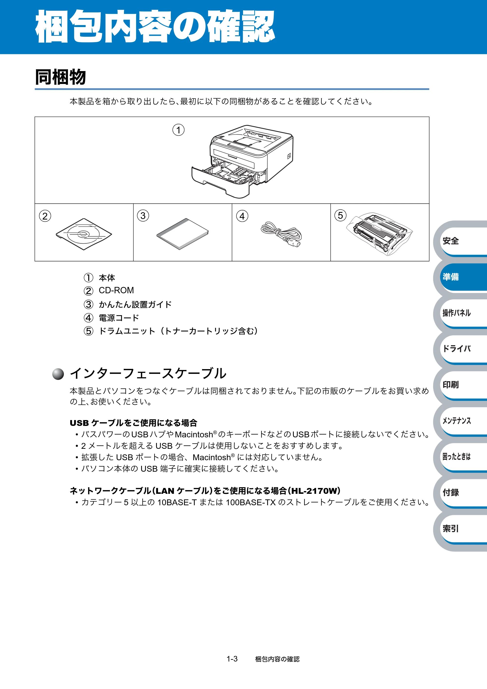 ブラザー HL-2140 / HL-2170W 取扱説明書（本体） — 梱包内容の確認 — 原本ページ — 23ページ