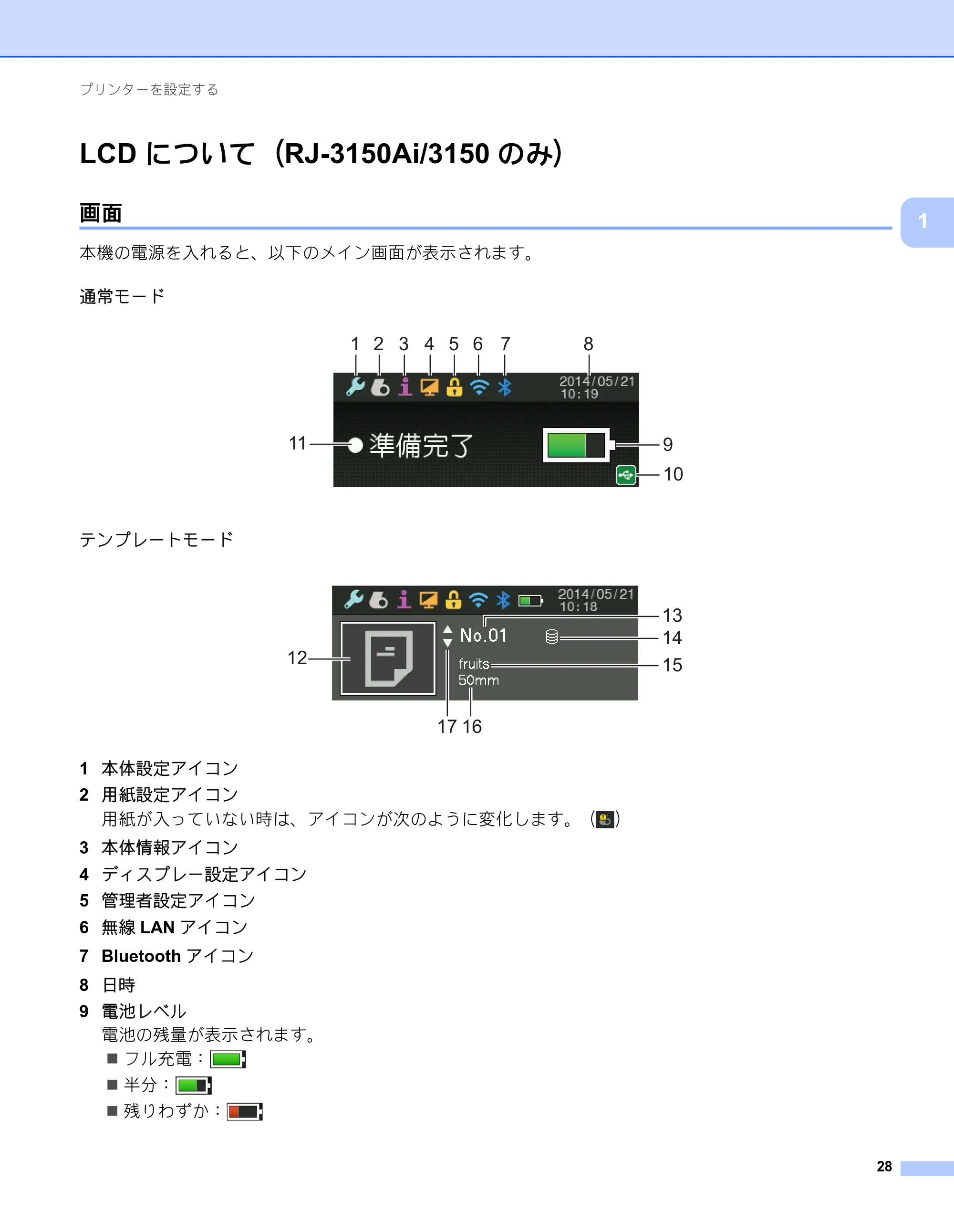 ブラザー RJ-3050 / RJ-3050Ai / RJ-3150 オンラインユーザーズガイド (PDF) — LCDについて(RJ-3150Ai/3150のみ) — 原本ページ — 37ページ