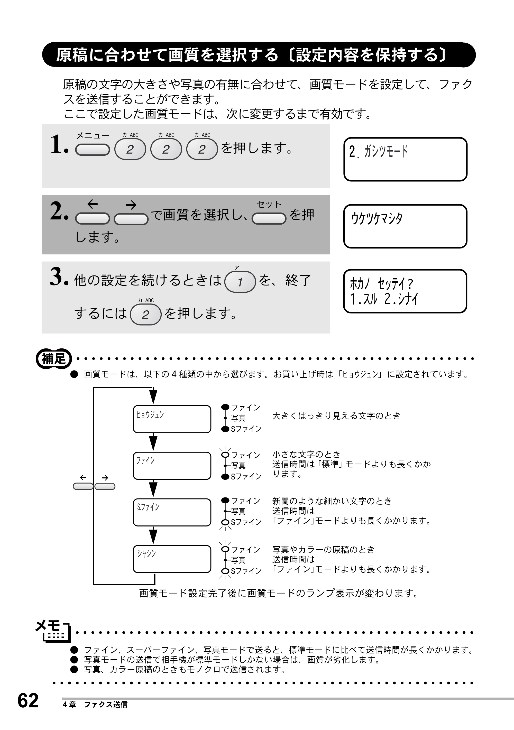 ブラザー MFC-8500J 取扱説明書（本体） — 原稿に合わせて画質を選択する〔設定内容を保持する〕 — 原本ページ — 86ページ