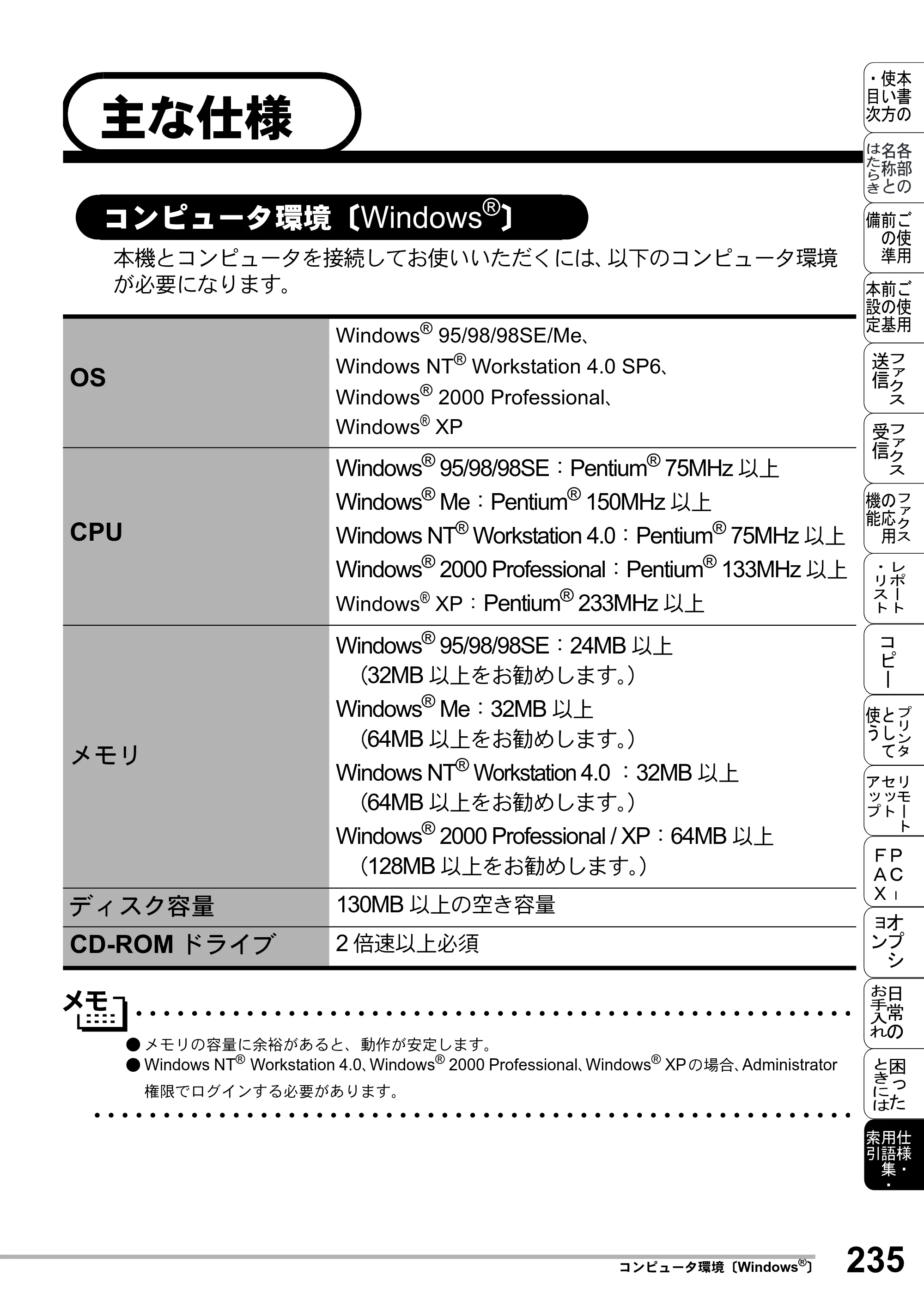 ブラザー MFC-8500J 取扱説明書（本体） — 主な仕様 — 原本ページ — 259ページ