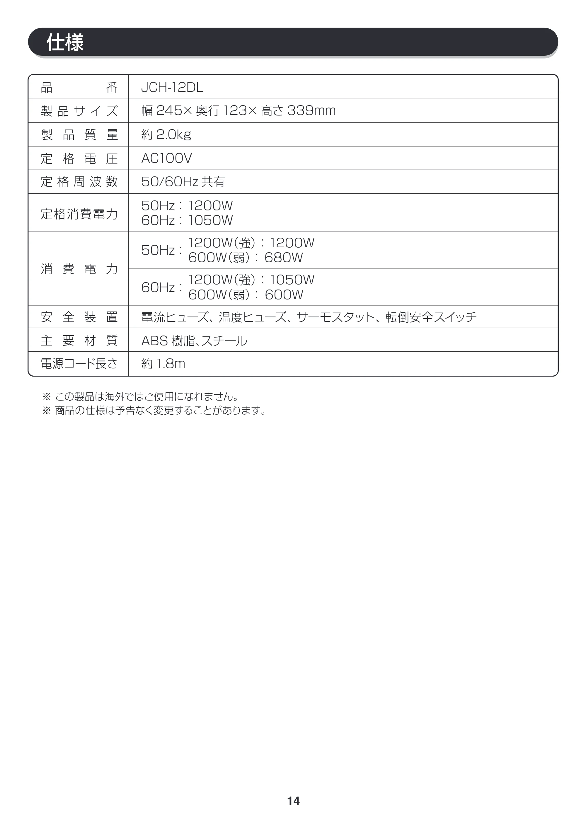 アイリスオーヤマ JCH-12DL 取扱説明書 — 原本ページ — 14ページ