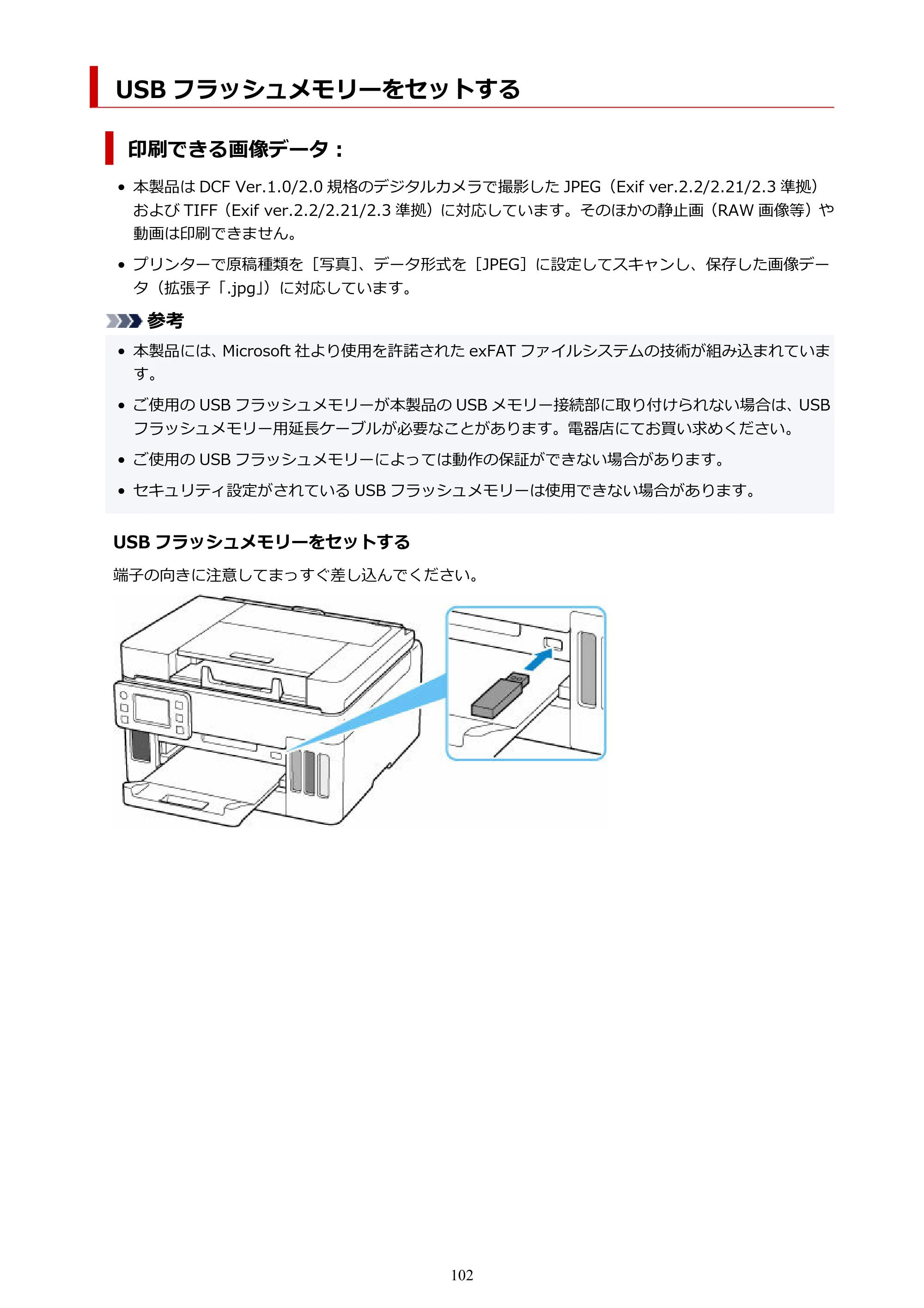 キヤノン GX6530 GX6530 (PDF) オンラインマニュアル 取扱説明書 2026年3月19日掲載（PDF：7.3MB） — USB フラッシュメモリーをセットする — 原本ページ — 102ページ