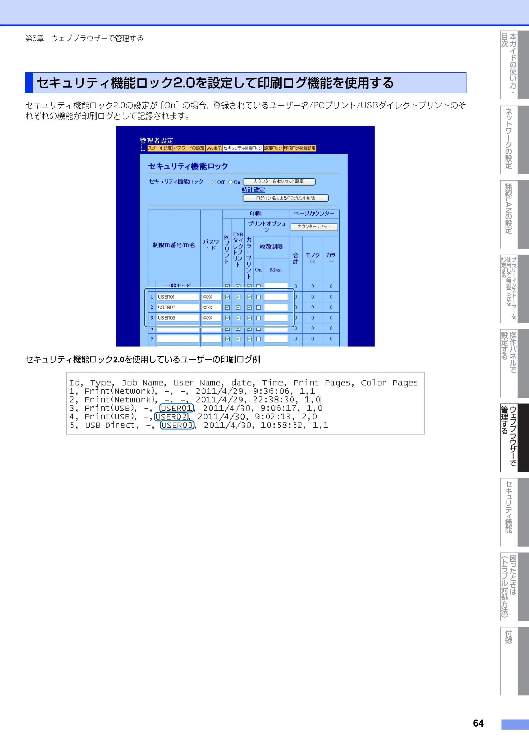 ブラザー HL-4570CDW/ HL-4570CDWT ユーザーズガイド ~ネットワーク操作編~ — セキュリティ機能ロック2.0を設定して印刷ログ機能を使用する — 原本ページ — 65ページ
