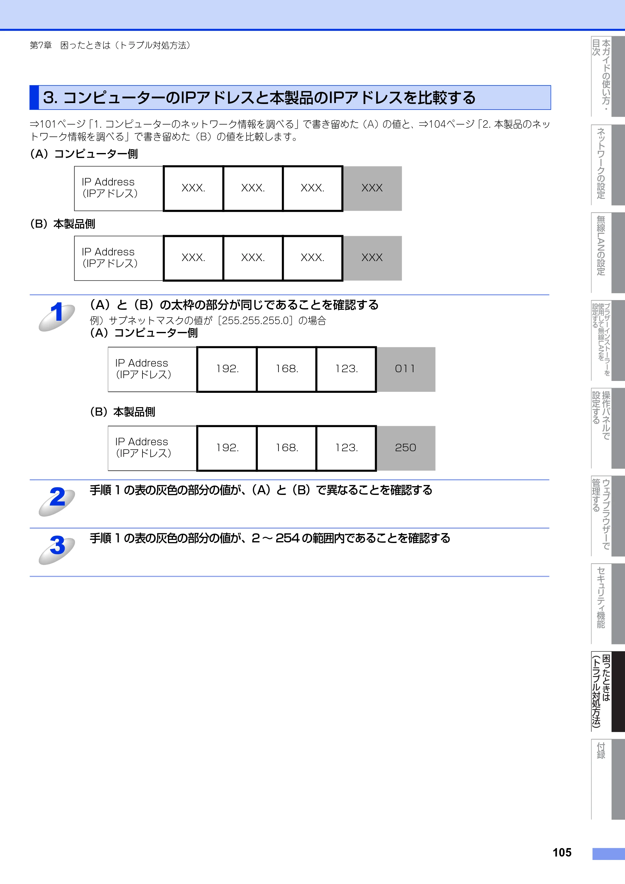 ブラザー HL-4570CDW/ HL-4570CDWT ユーザーズガイド ～ネットワーク操作編～ — 3. コンピューターのIPアドレスと本製品のIPアドレスを比較する — 原本ページ — 106ページ