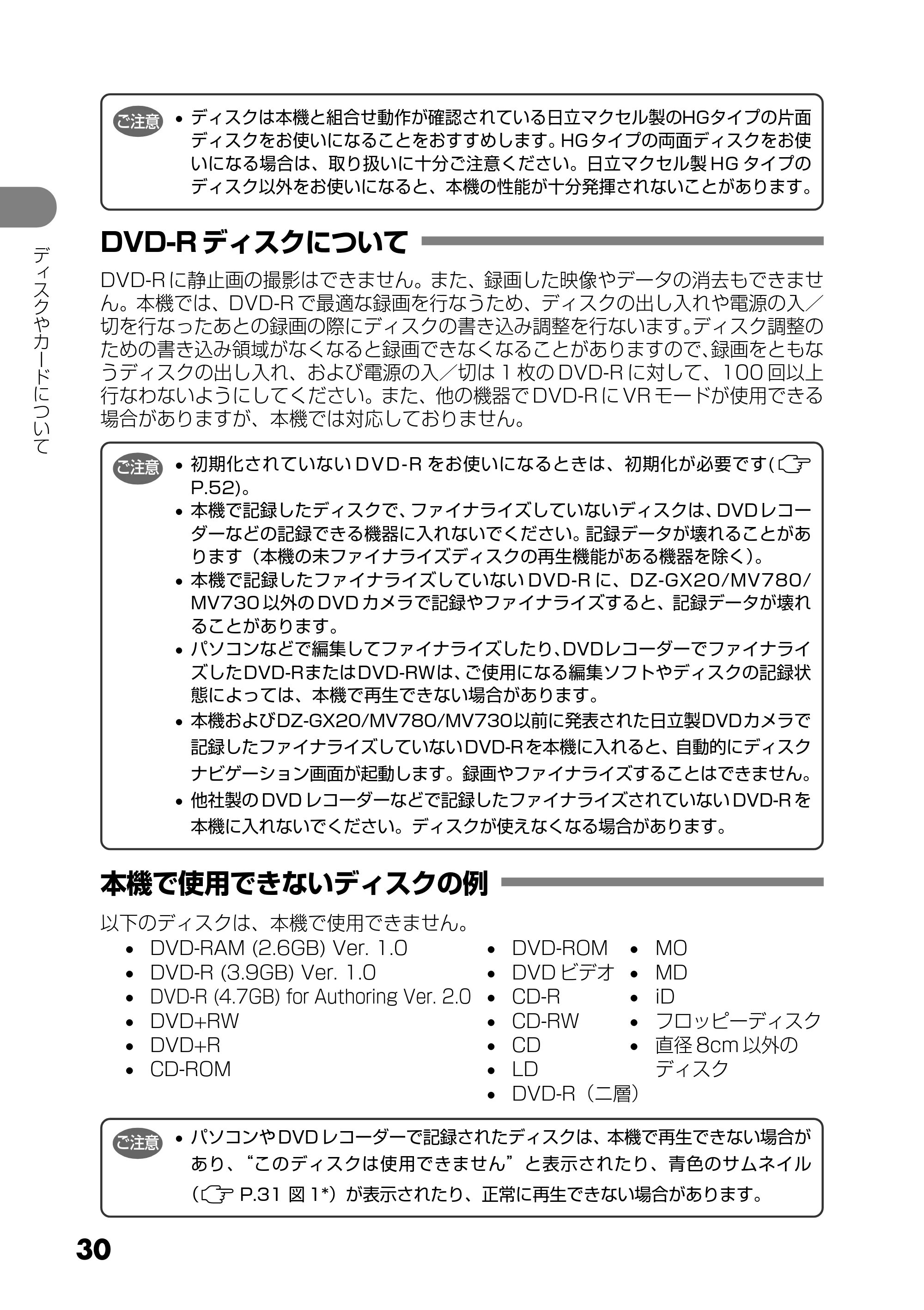 日立 DZ-GX25M 取扱説明書 — DVD-R ディスクについて — 原本ページ — 30ページ