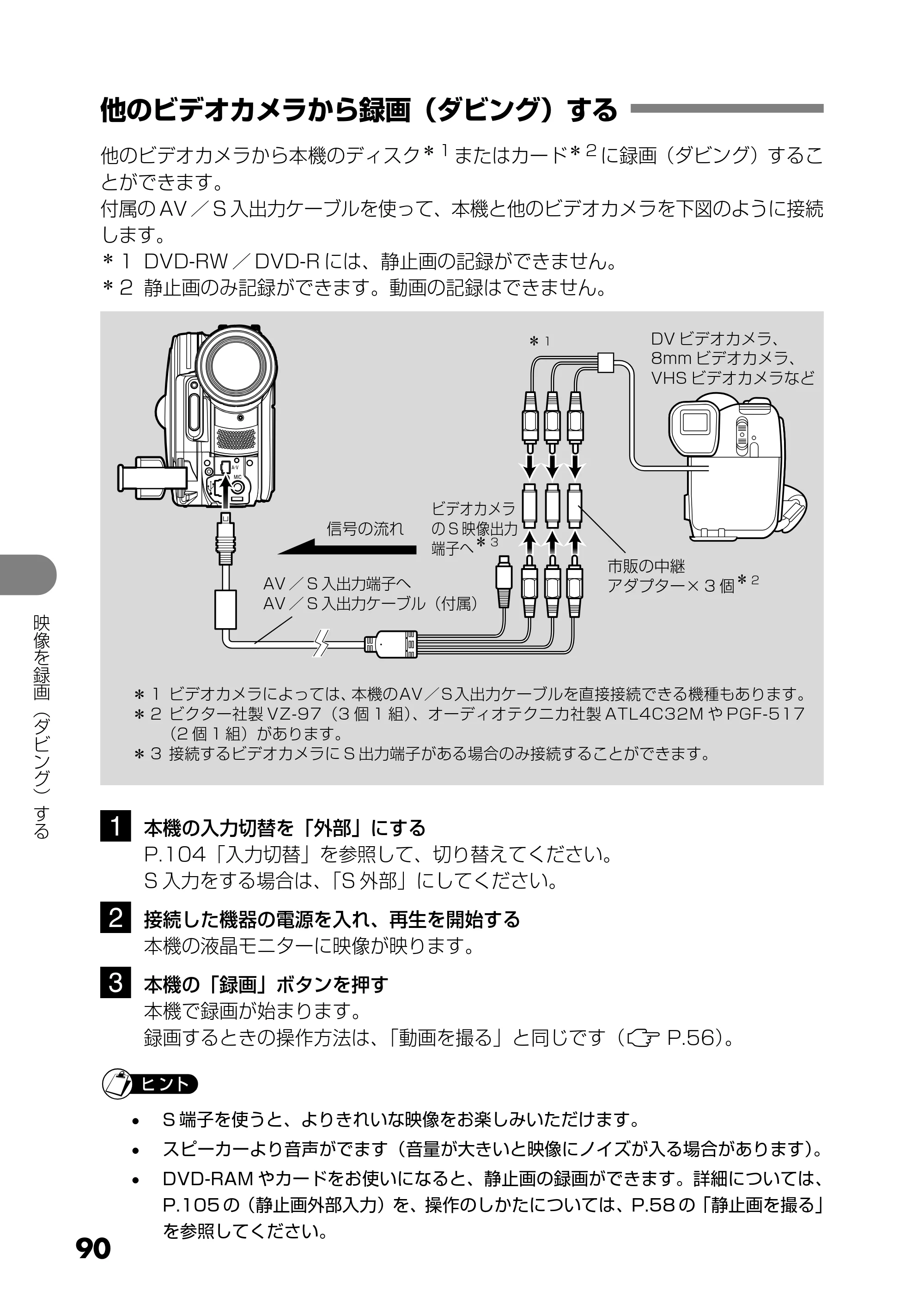 日立 DZ-GX25M 取扱説明書 — 他のビデオカメラから録画（ダビング）する — 原本ページ — 90ページ