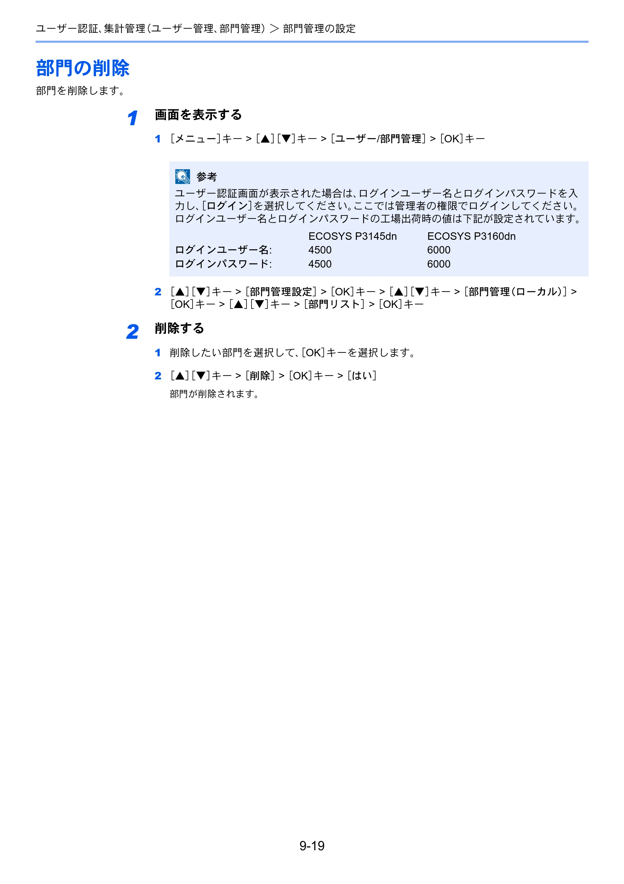 京セラ ECOSYS P3145dn / ECOSYS P3160dn ECOSYS P3160dn/P3145dn 使用説明書 — 部門の削除 — 原本ページ — 206ページ